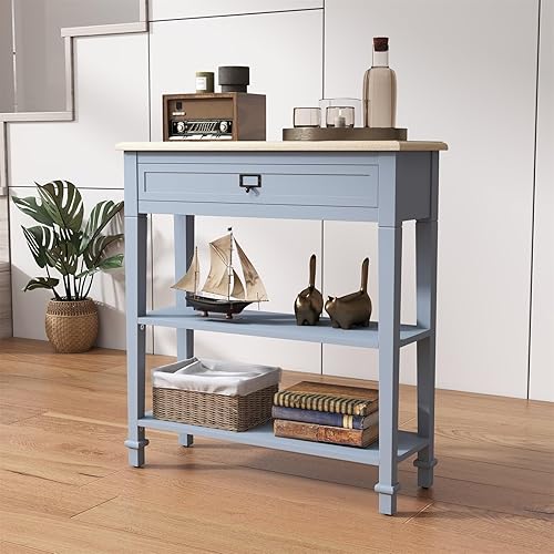 Miniatura 10 de kinbor Mesa de entrada estrecha mesa consola pequeña, mesas de consola blancas para entrada, mesa consola de granja de 3 niveles con cajón y estante