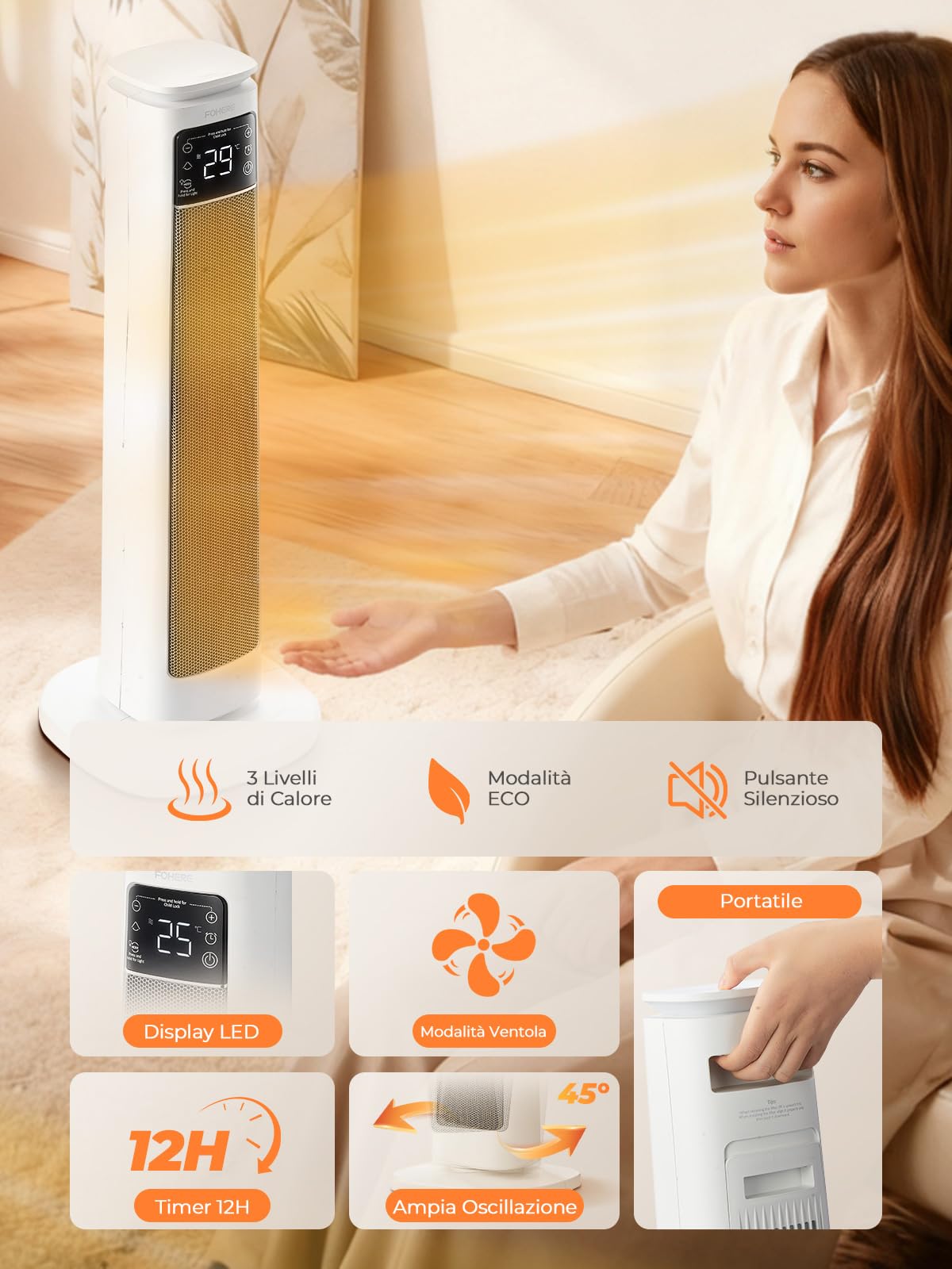 Fohere, termoventilatore a risparmio energetico, 2000 W, silenzioso, per ambienti grandi, camera da letto, soggiorno, ufficio, oscillazione di 70°, telecomando, timer da 12 ore, protezione contro il