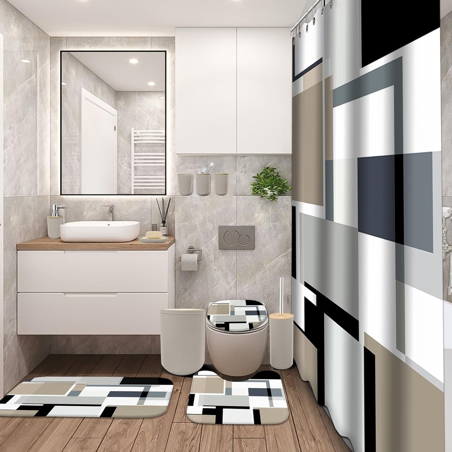 23-Piece Bathroom Sets, Beige Bathroom Accessories Set with Shower Curtain and Rugs, Beige Black Shower Curtain Set with Bath Rugs, Bathroom Trash Can, Soap Dispenser, Soap Dish for Modern Home Decor