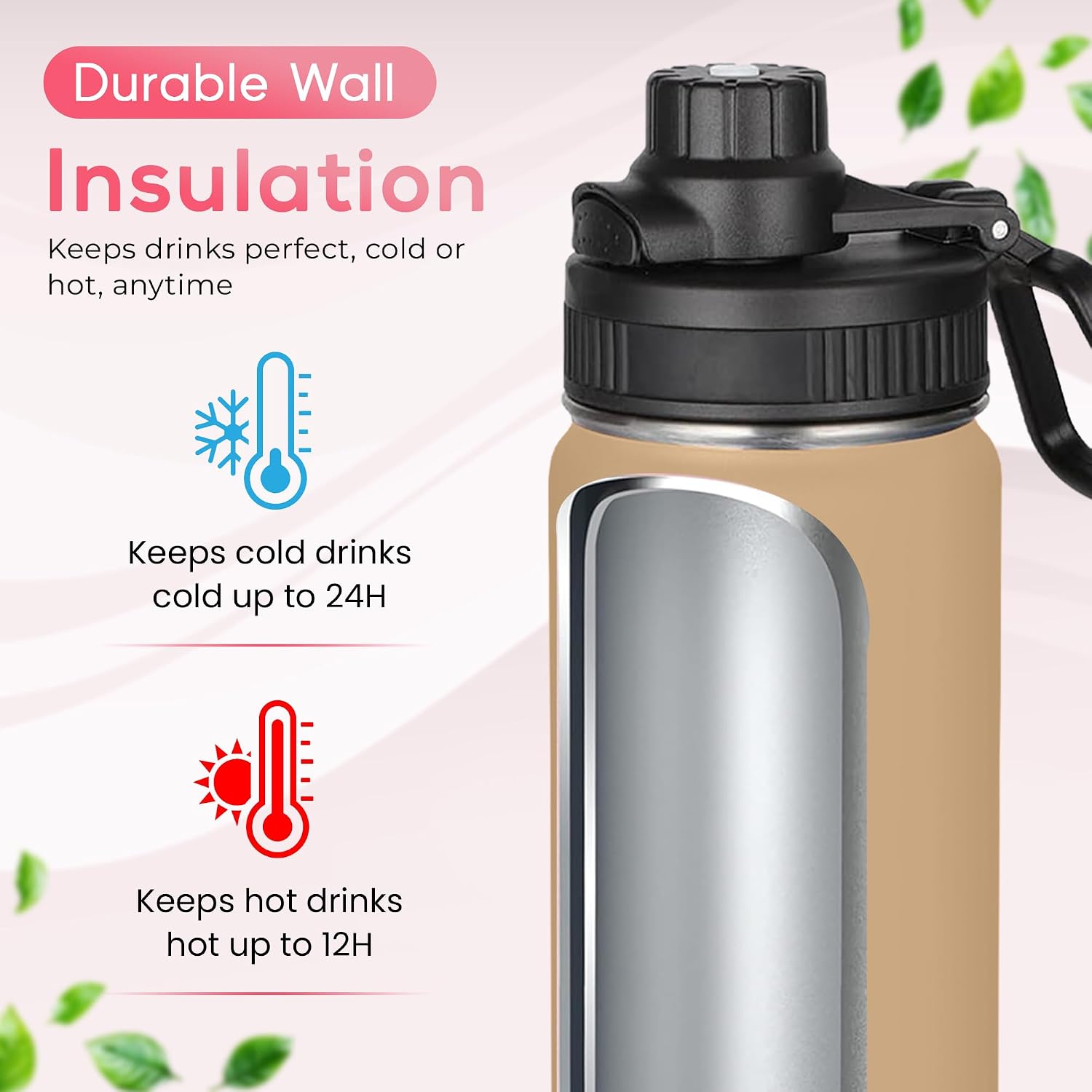 Y TOP 24 oz Insulated Water Bottle Leak Proof Spout Lid Fits in Car Cup Holder – Double Wall Dishwasher Safe Easy Clean stainless steel drinking water bottle for Gym Kids Sports Travel Hiking School