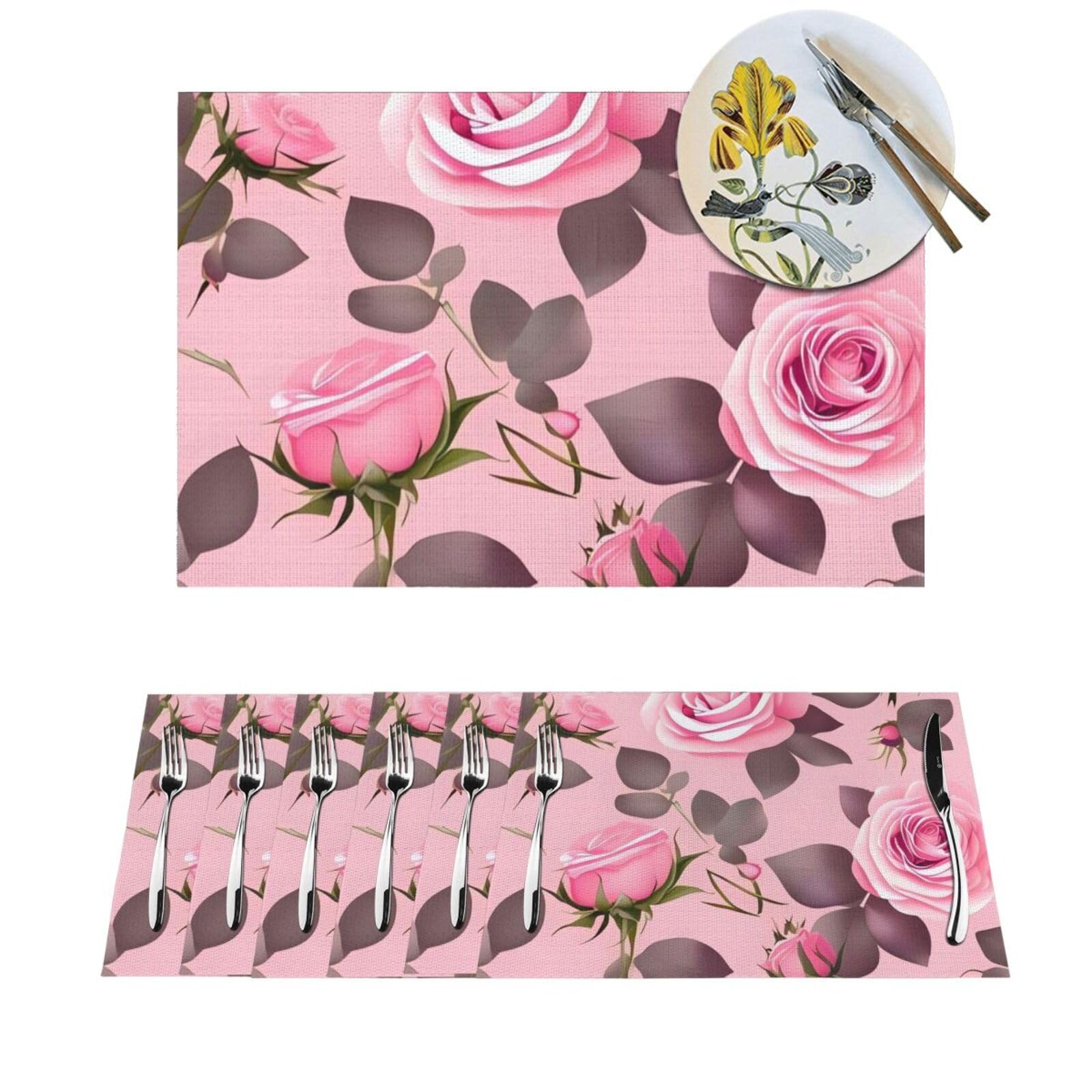 Sets de table en PVC lot de 4 - Tissés lavables antidérapants motif roses