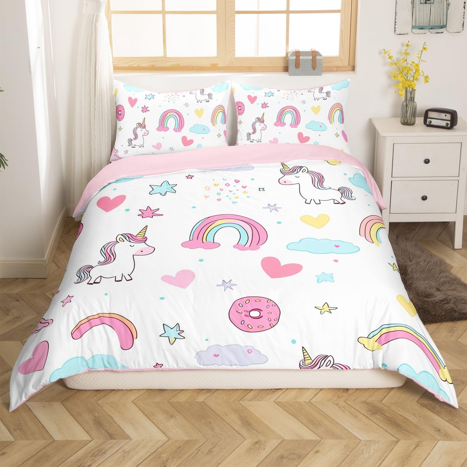 Castle Fairy Kids Unicorn Duvet Cover Set Toddler Size,Kawaii Wildlife Animal Bedding Set,Watercolor Rainbow Stars Clouds Quilt Cover for Kids,Comforter Cover(No Filler),2 Pcs