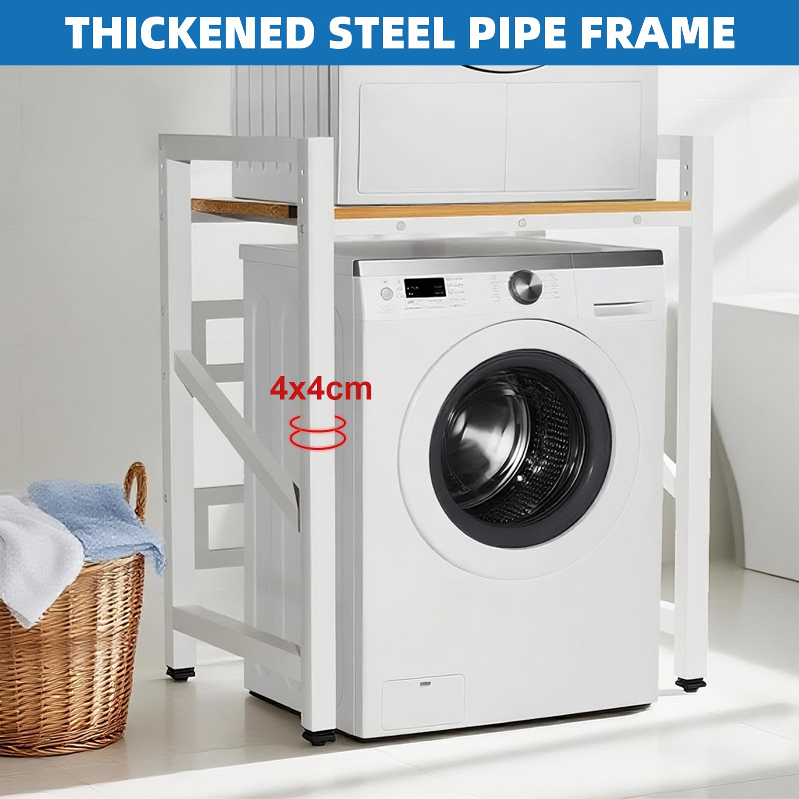Vinteky Regal über Waschmaschine, Höhenverstellbarer Wäschetrocknerständer, Lagerregal über der Waschmaschine, Tragfähigkeit 300 kg, für Waschmaschine und Trockner, 73*63*106cm, Weiß