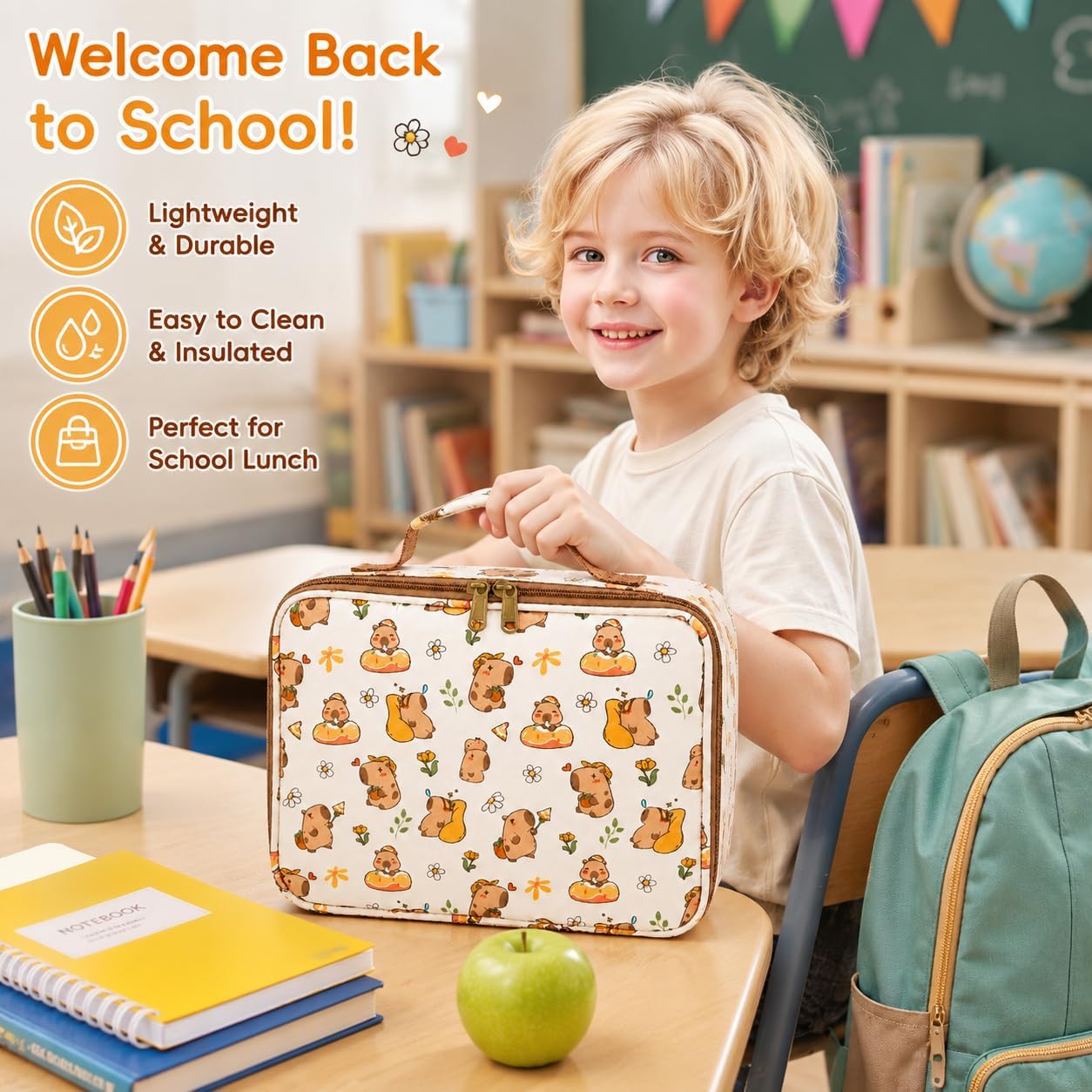 WOBAGMEN Lunch Box, Insulated Reusable Lunch Bag Portable Waterproof Leakproof Lunch Tote Bag Capybara Lunch Box for Picnic Travel Gifts(Capybara Donut)