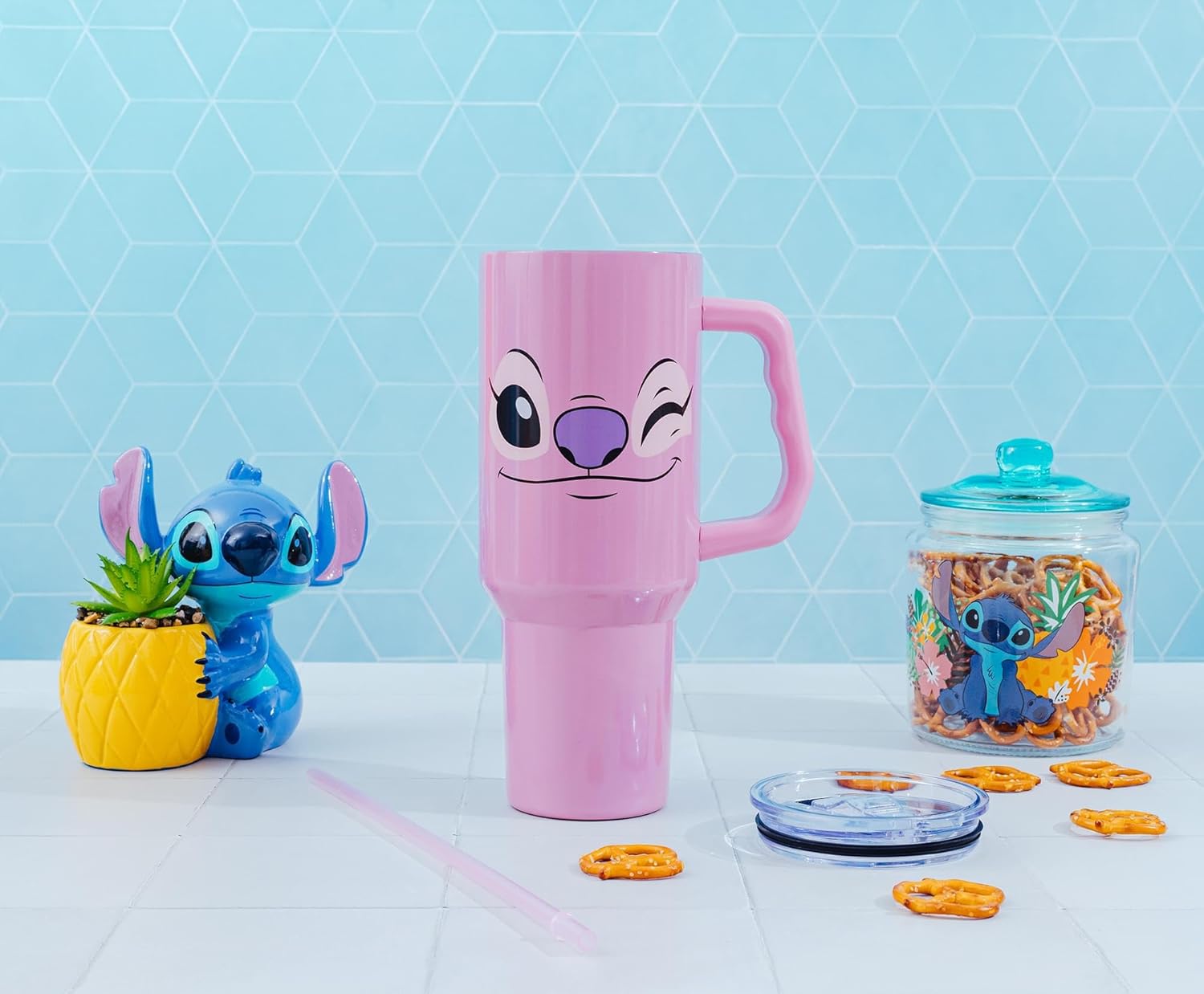 Disney Lilo & Stitch Angel Face Stainless Steel Travel Tumbler With Handle, Leak-Resistant Lid, and Reusable Straw | Holds 40 Ounces - Image 4