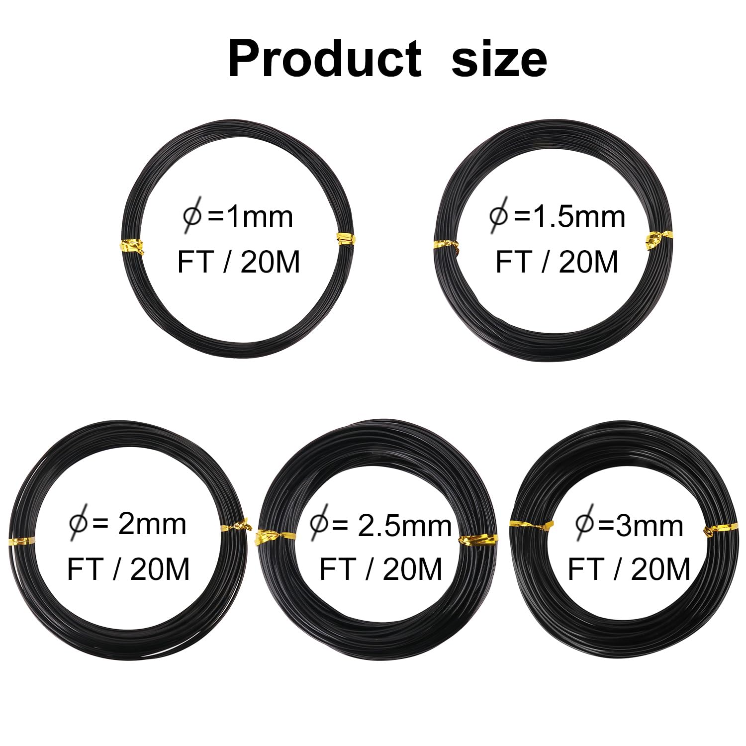 5 Roll Anodized Aluminum Bonsai Training Wire Kit with Bag, Black Bonsai Training Wire, Plant Wire Kit for Bonsai Artists & Beginners by Biugaaufai (1.0mm, 1.5mm, 2.0mm, 2.5mm, 3.0mm,5-Size 328 Feet)