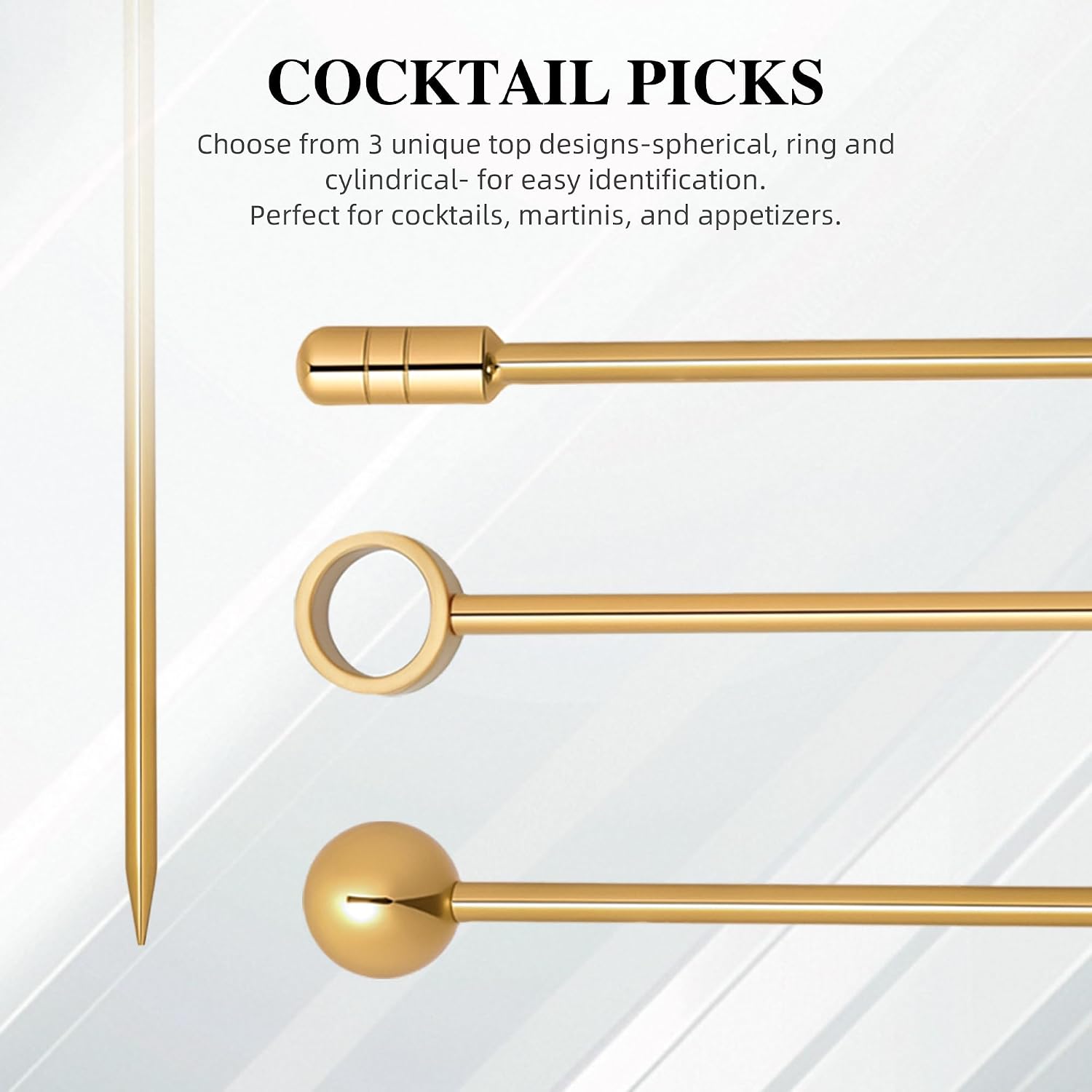 I-MART 15 Pack Stainless Steel Cocktail Picks Martini Olive Skewers, Reusable Metal Garnish Sticks for Drinks, Appetizers, Bloody Mary, Olives, Citrus, Fruit Decor (Gold, 4.25 Inch)