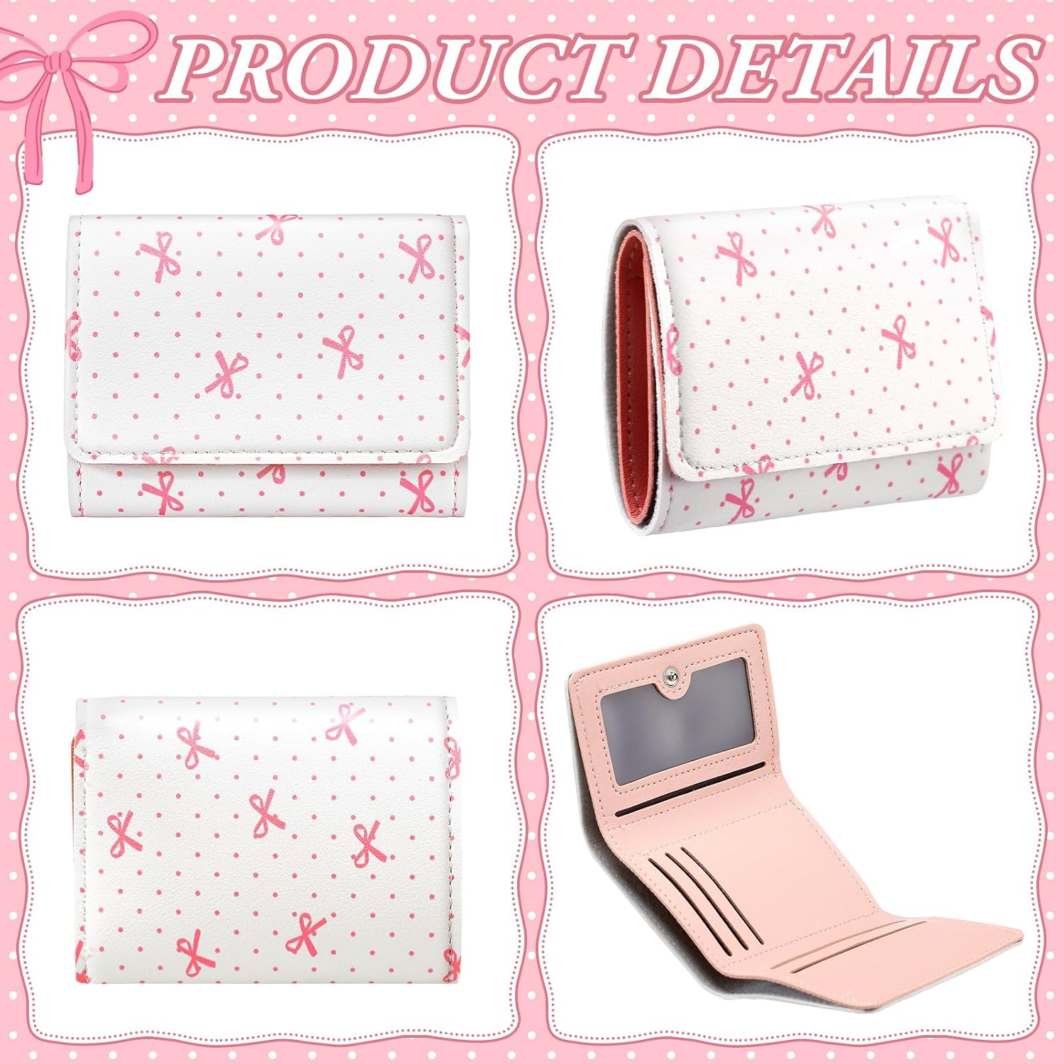 Abbylike Cute Preppy Wallet Pink Bow Trifold Around Wallet Coquette Leather Cardholder ID Purse Window Purse for Women