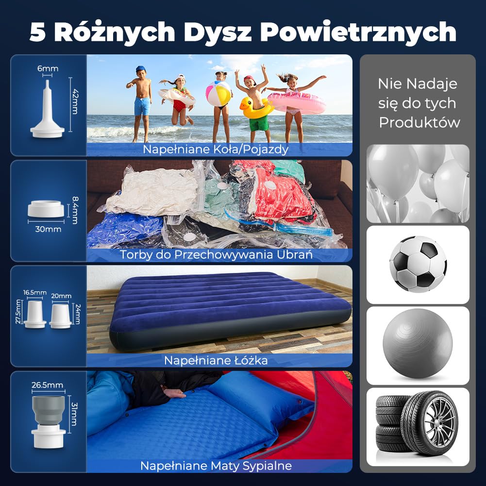 Przenośna elektryczna pompa powietrza 4000Pa Akumulator z oświetleniem kempingowym, mini nadmuchiwane i dedmuchane pompki elektryczne, stopka kempingowa/nadmuchiwane dywaniki/pierścień pływacki, biały