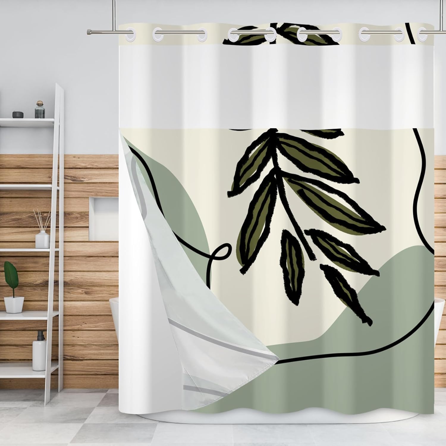 Baocicco No Hook Shower Curtain with Snap in Liner Minimalist Boho Mid Century Silhouette Cat Botanical No Hook Fabric Shower Curtains Set Double Shower Curtain for Bathroom Bathtub 71x83 Inch