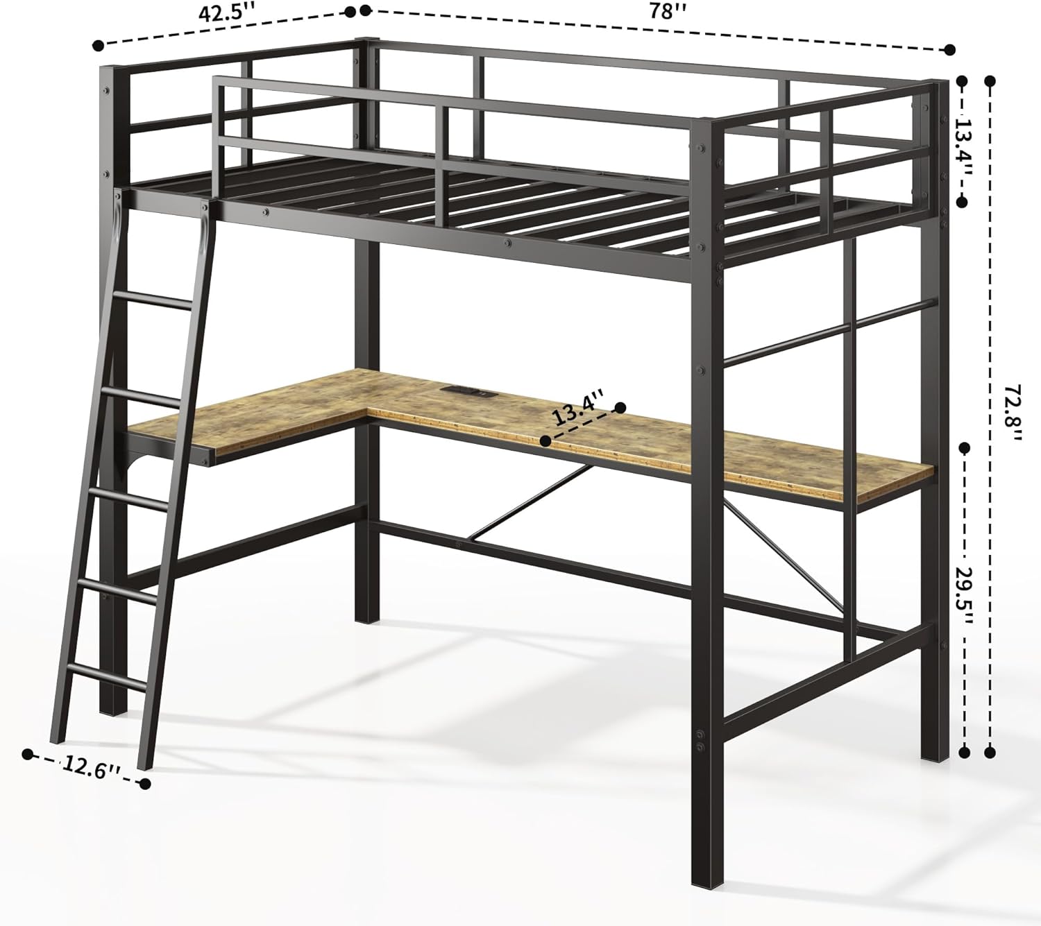 Twin Loft Bed with Desk, Metal Loft Bed Frame with L-Shaped Desk & Charging Station, Modern Space-Saving Loft Bed with Safety Guardrail & Ladder,for Kids Teenagers, No Box Spring Needed Black