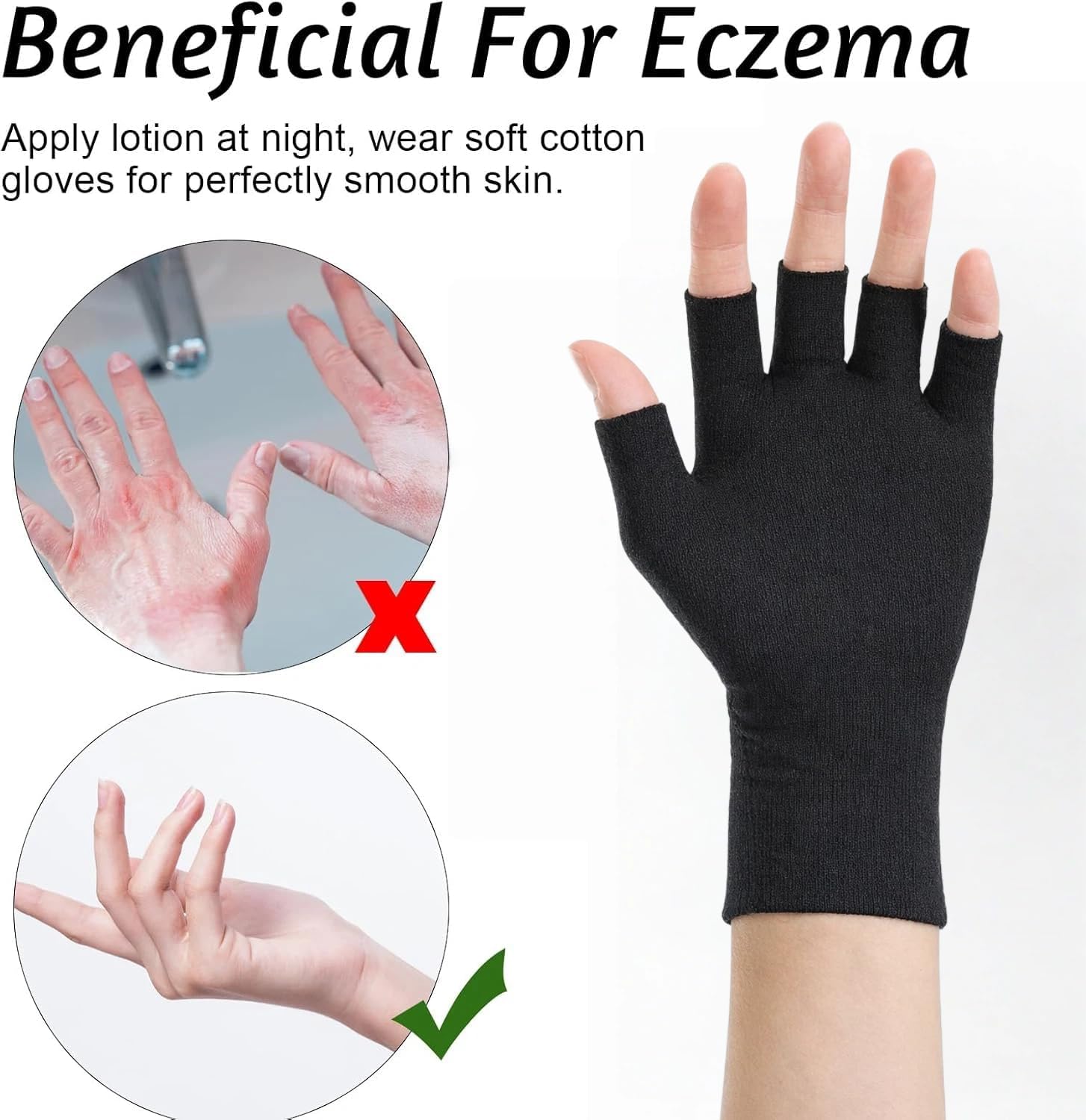6Pairs Fingerless Cotton Gloves, Black Touchscreen Moisturizing Gloves, Fingerless Cotton Gloves for Eczema, Cut 5 Fingertips Overnight Hydration Fits Most Dry Hands for Men and Women
