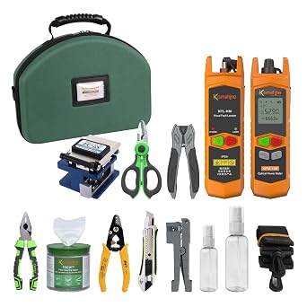 FTTH Optical Fiber Loss Tester Kit KFH-12E with Cleaver FC-6S, OPM-70+10d Power Meter, Visua Fault Locator VFL, Multi Fiber Strippers 45-162, Cleaner FOCW, Cutter Kevlar Scissors