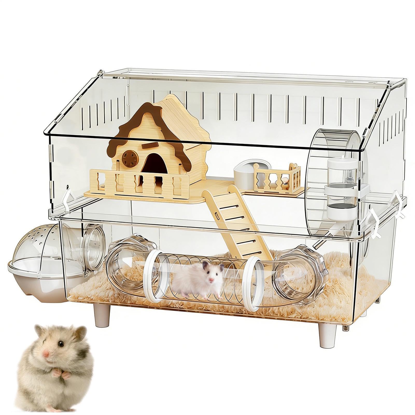 Jaula para Hámster Enano Casa Transparente de Acrílico de 2 Niveles | Recinto para Hámster para en Casa, Interior, Exterior, Observación en Tienda de Mascotas o Jardín