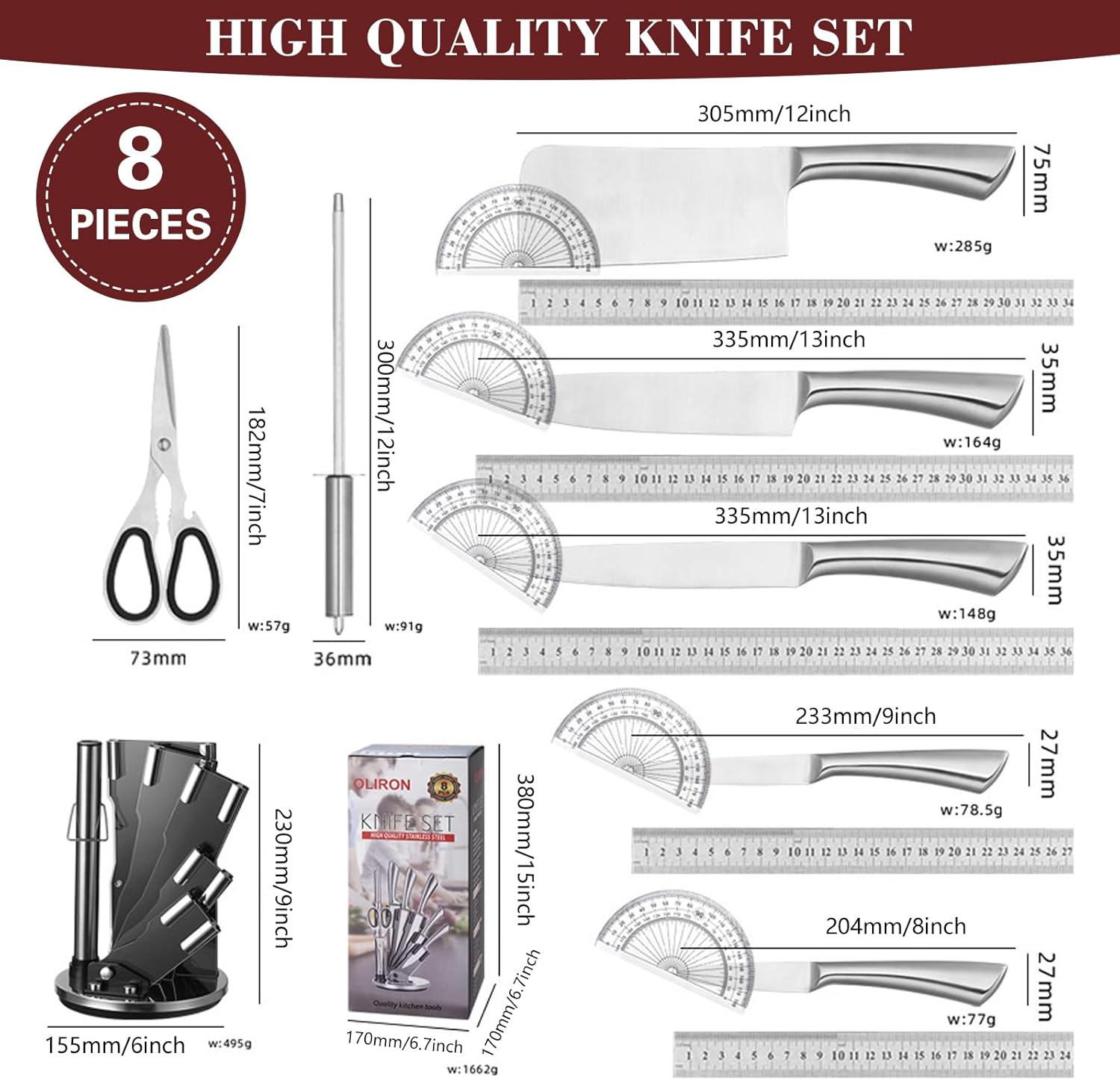 Chef's Choice 8-Piece Stainless Steel Knife Set - Kitchen Knife Set with Block, Sharp Kitchen Knives, Comfortable Grip, 360 Rotating Block