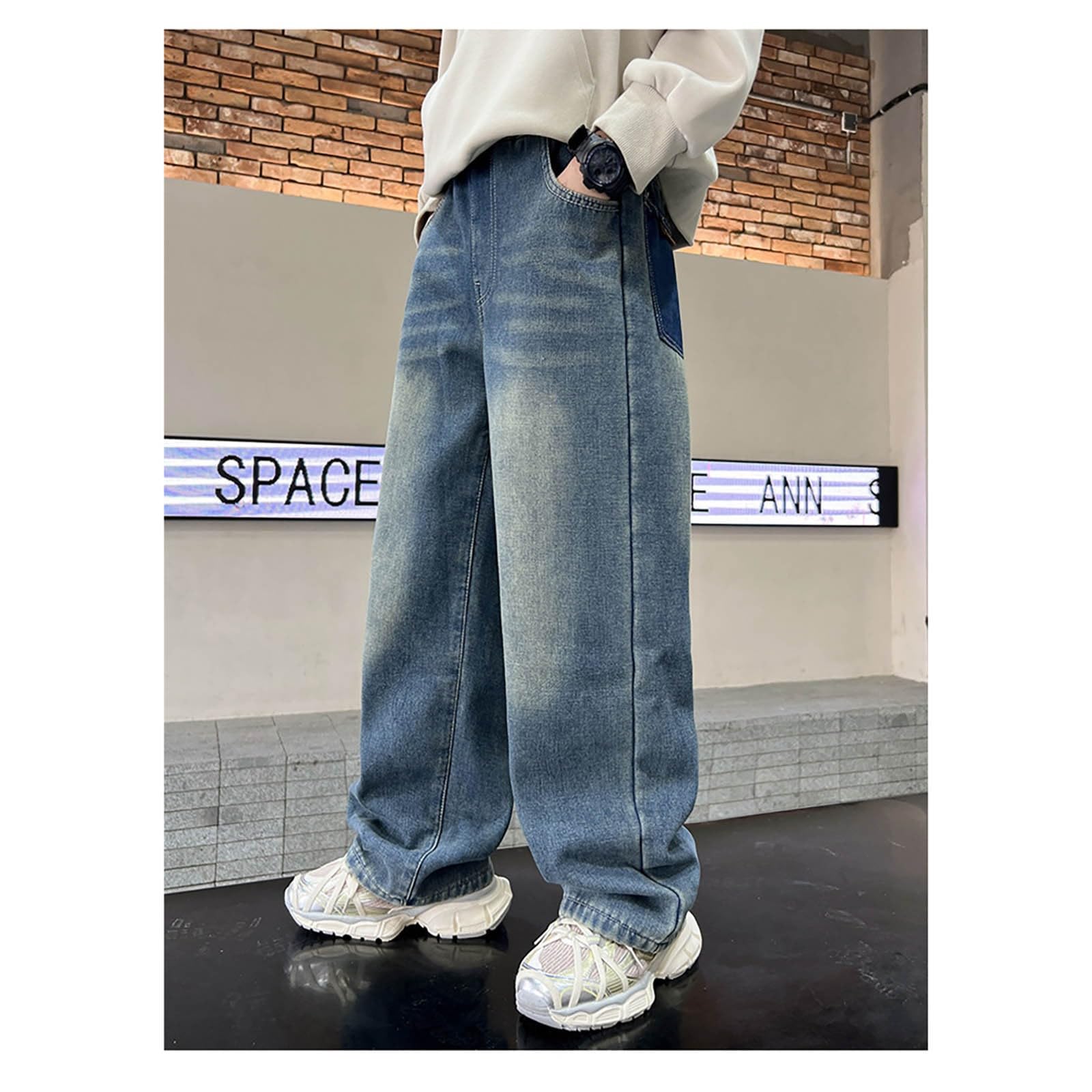 Genérico Vaqueros Niño 4-12 Años Baggy Polar Pantalon Vaquero Adolescentes Chico Elasticos Rectos Moda Y2K Streetwear Jeans Pantalones Vaqueros Cargo Denim Loose Grueso Invierno 2026