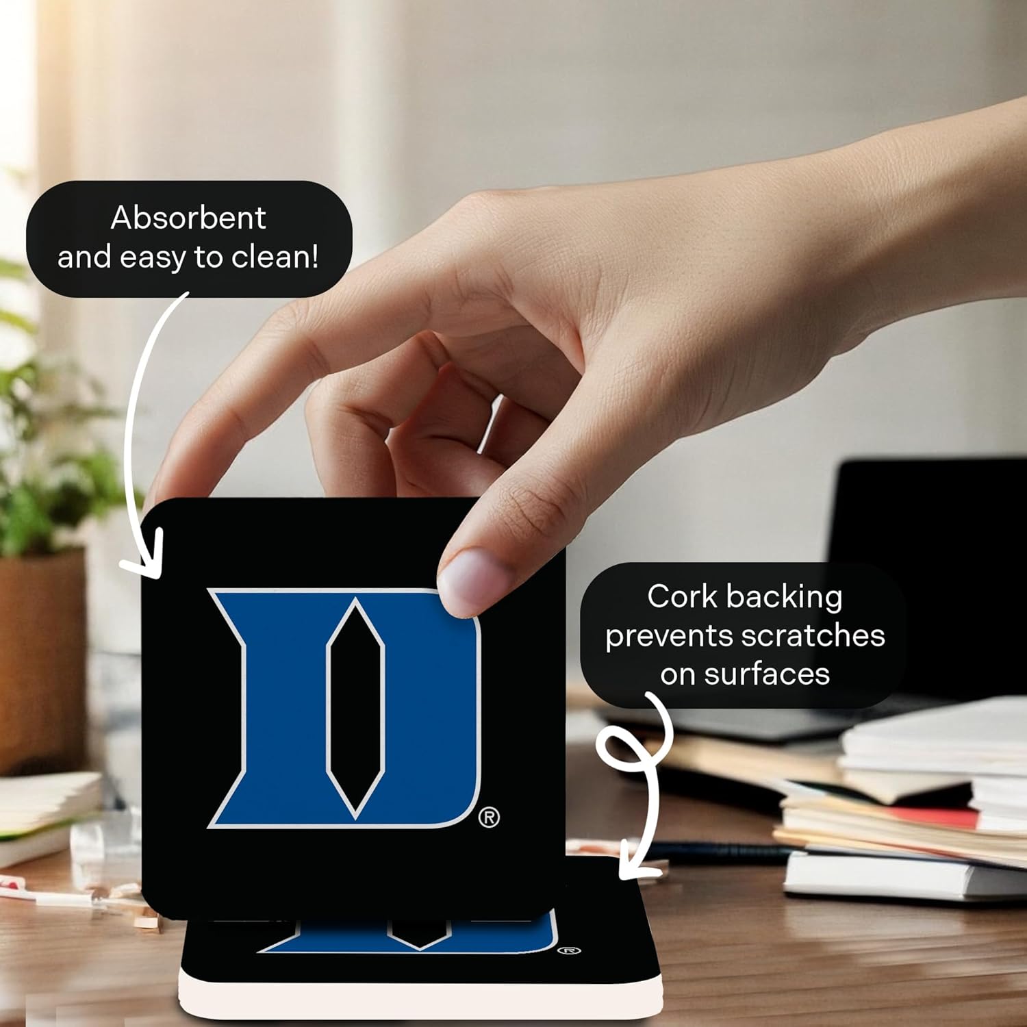 Desert Cactus Duke University Square Ceramic Coasters 4 Pack Blue Devils Absorbent Drink Coasters with Cork Backing (Design B)