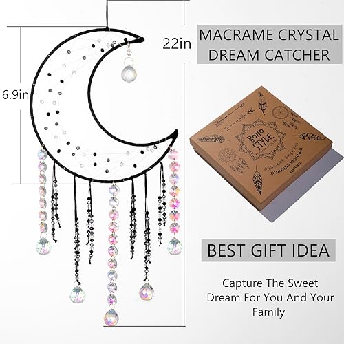 Miniatura 5 de Artilady Atrapasueños de macramé  Atrapasueños de luna grande con atrapasoles de cristal, macramé bohemio para colgar en la pared, atrapasueños de