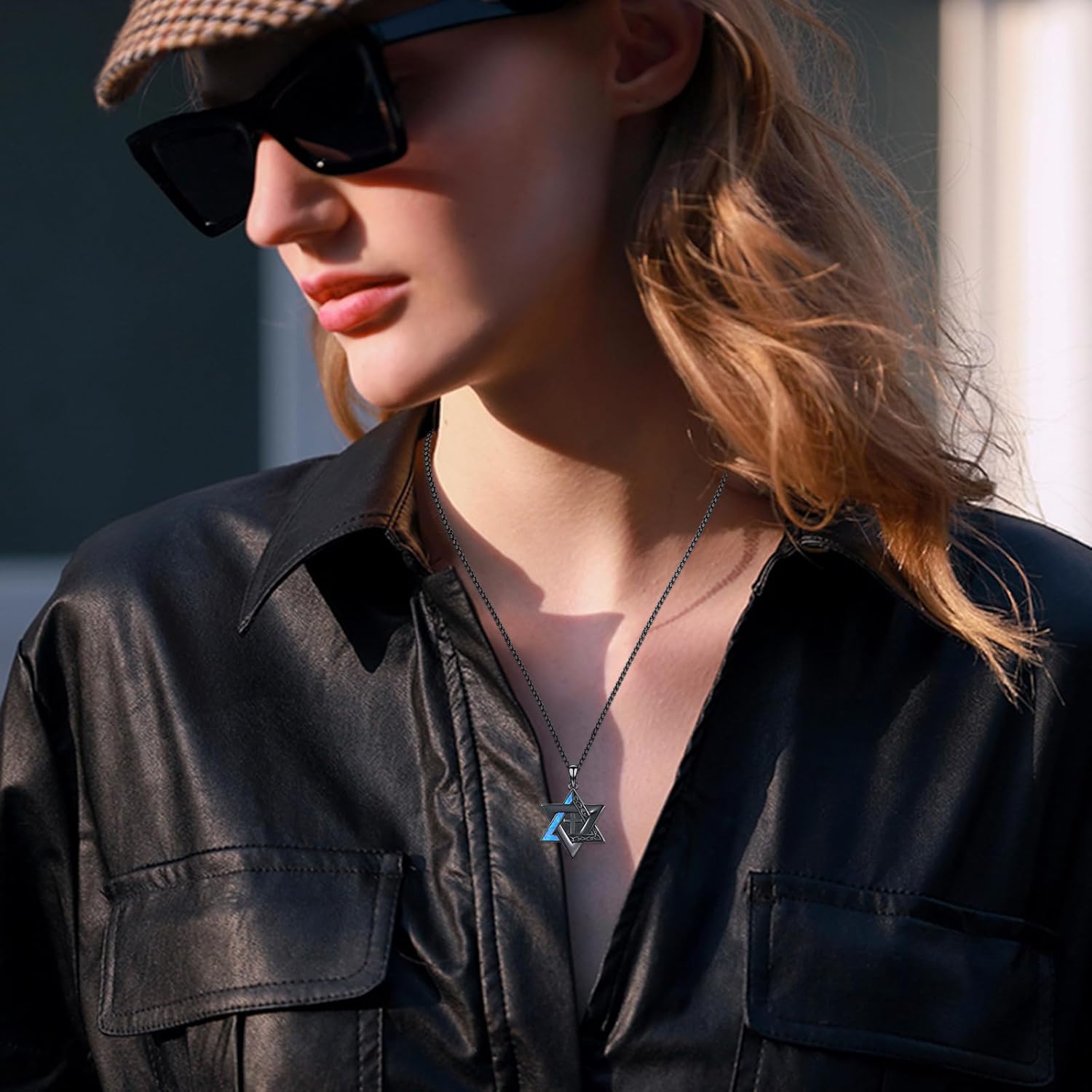 MEDWISE Star of David Cross Necklace, 925 Sterling Silver, Black Gold Plated,Blue Opal Pendant Cross Jewelry 22+2 inch Chain for Men Women Unisex Christmas Gifts - Image 2