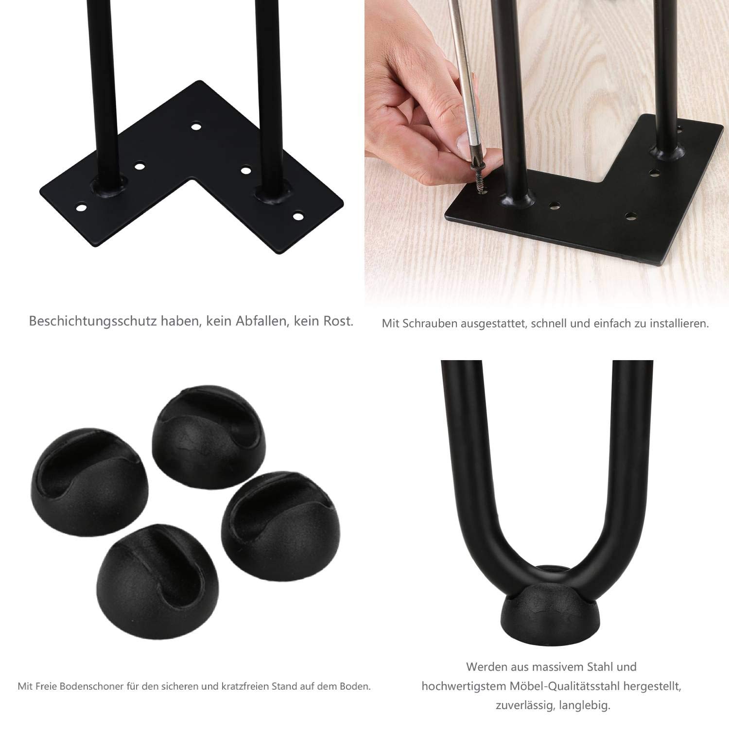 Lospitch Hairpin Legs - Gambe da tavolo in metallo, colore nero, 12 mm, gamba a 2 aste, 40 cm, 4 pezzi