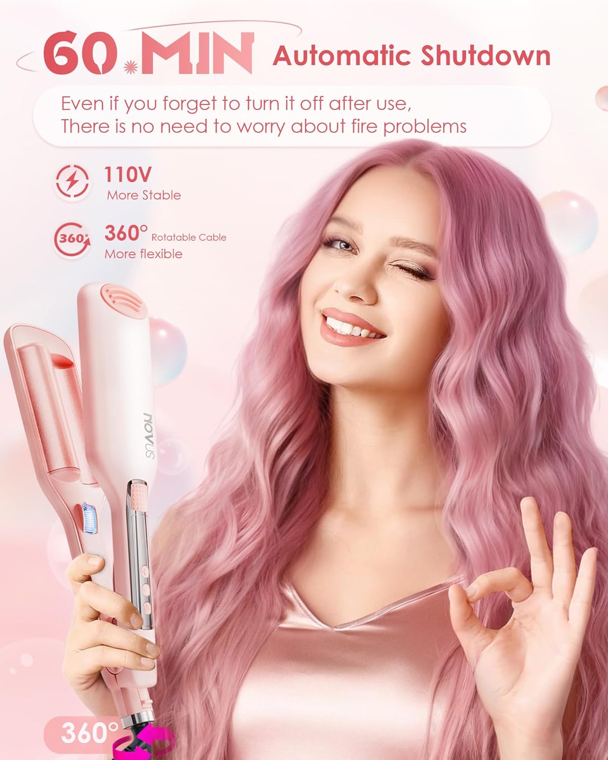 NOVUS 1.1 Inch Beach Waves Curling Iron for Women - 2 Barrel Hair Crimper with Ionic Ceramic & Adjustable Heat, Anti-Scald Design for Long-Lasting Shiny Curls, Pink