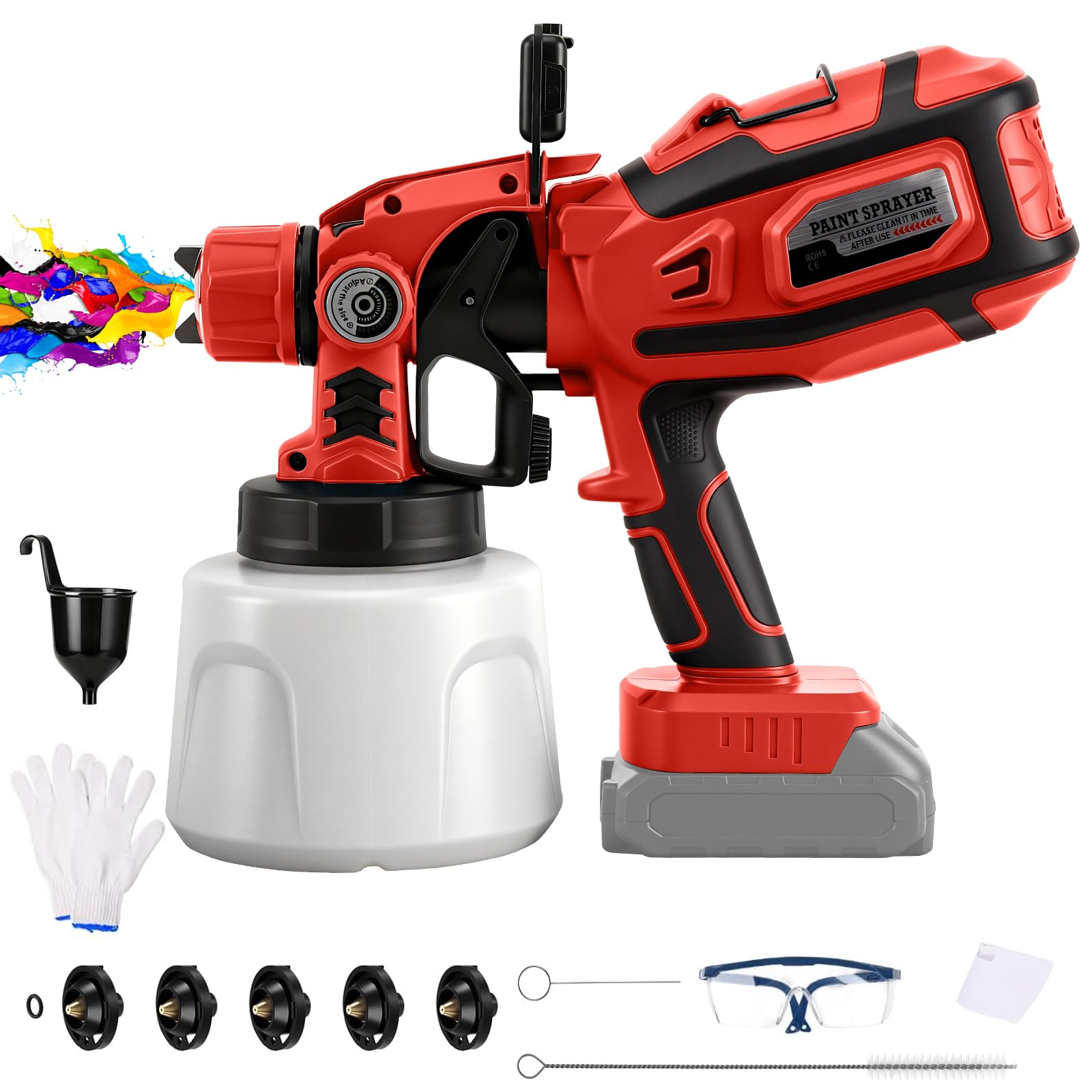Pulverizador de Pintura a batería con LED para Milwaukee 18V (sin batería) | 200W, Sistema de Pintura Eléctrico, Depósito 1,4L, 3 Patrones, 5 Boquillas, Cepillo, Guantes, Gafas