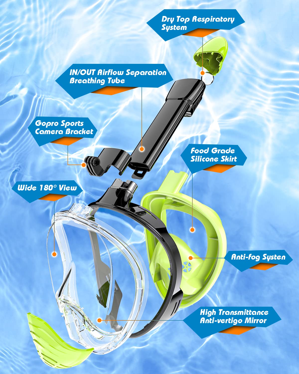 QingSong Full Face Snorkel Mask, Snorkeling Mask with Detachable Camera ...