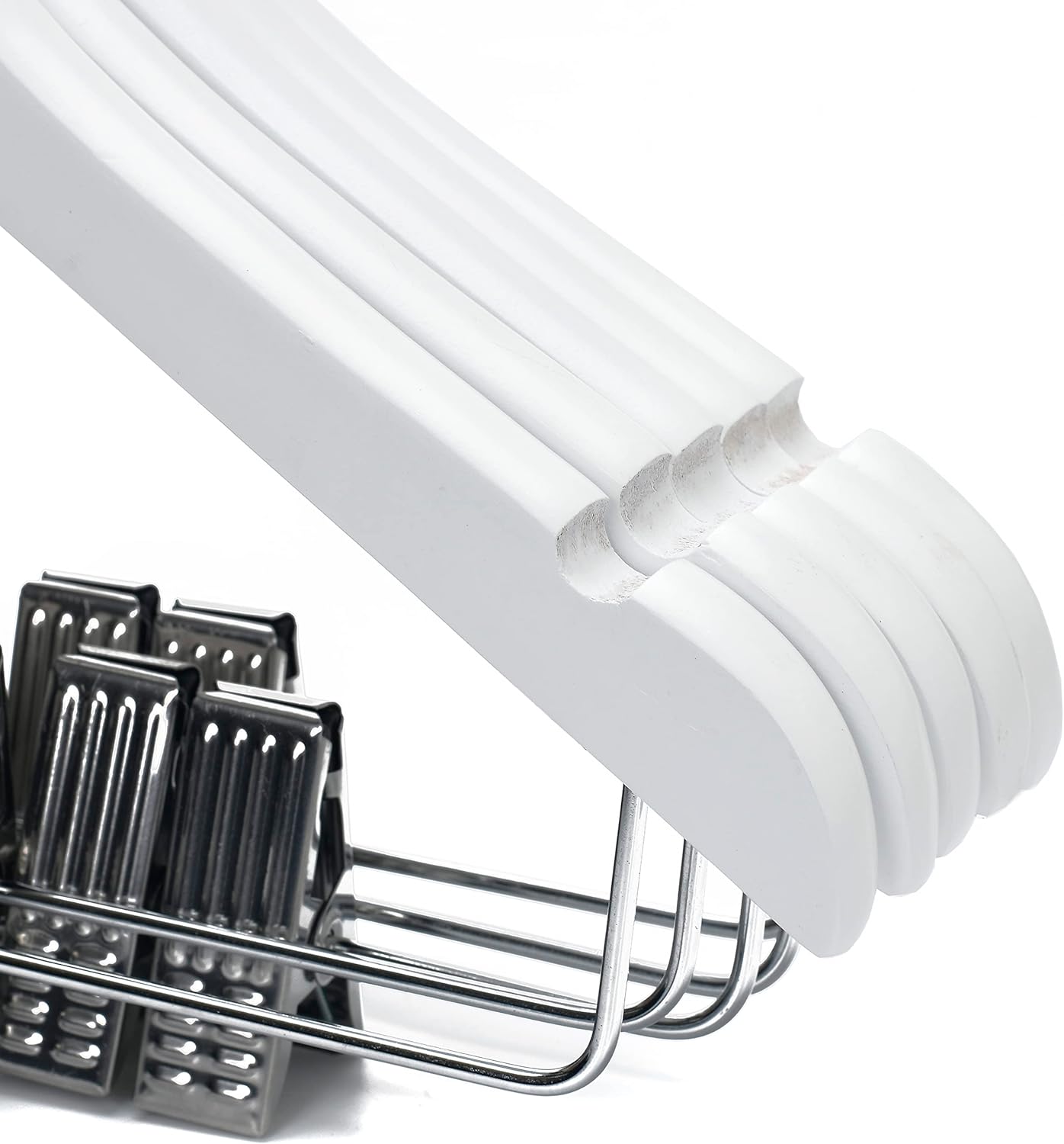 Quality Hangers 20 Pack Kids Wooden Pants Hangers 12 Inches - Skirt Hangers with Adjustable Metal Clips 360° Swivel Chrome Hook & Nonslip Notches- Ideal for Clothes Size 8 and Smaller (White, 20)