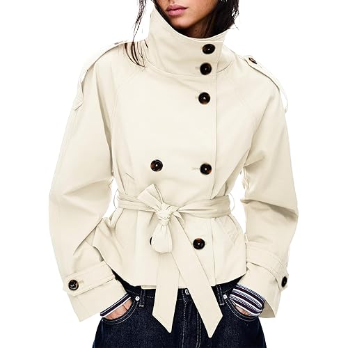 Women's Cropped Trench Coat Double Breasted Short Jacket High Collar Fall Winter Coats Trendy Outfit with Belt