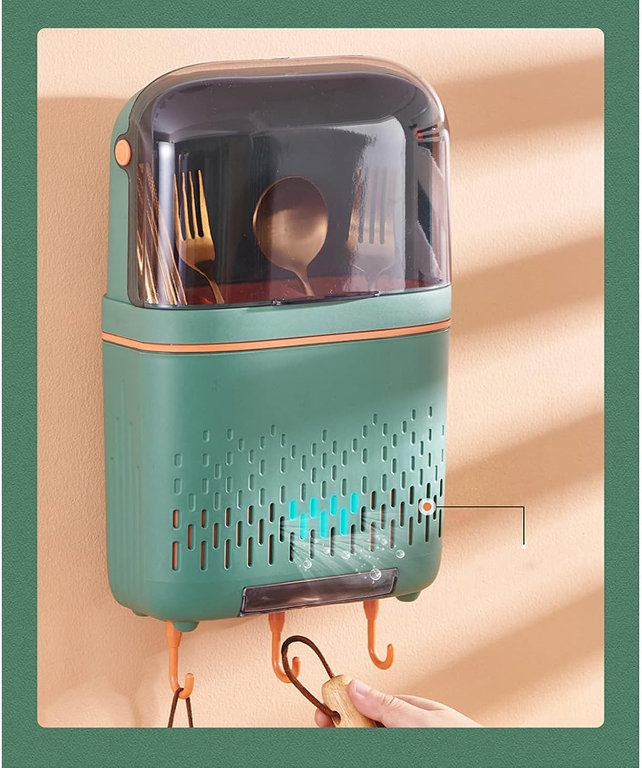 Cyrank Kitchen Utensil Holder, Cutlery Organizer Hanging Rack with Hooks and Dustproof Cover Wall Mount Utensil Rack Detachable Organizer Cookware Cutlery Holder Chopstick Holder for Kitchen, Green