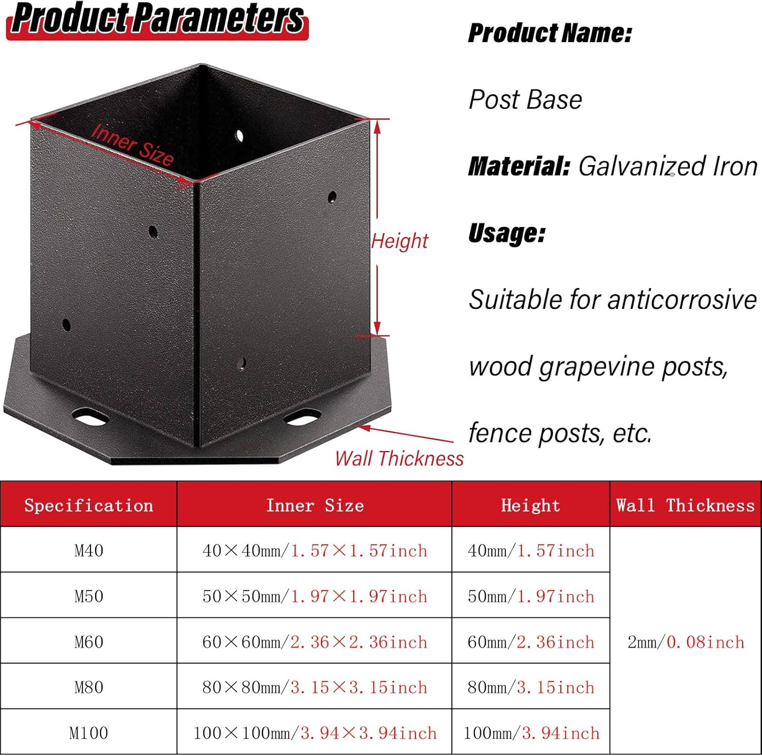 Heavy Duty Black Steel Fence Post Support Base - 80x80mm Bolt Down Bracket for Wood Decks, Porch Railings & Handrails - Durable Post Anchor Holder