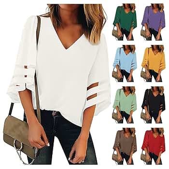 GDDXLM Women's 3/4 Bell Sleeve Shirt V Neck Flared Sleeves