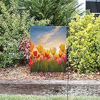 Vista 4 de Moslion Bandera de jardín de tulipanes, campo floral al atardecer, nube, tulipán, rosa, amarillo, flores verdes, banderas de doble cara, bandera