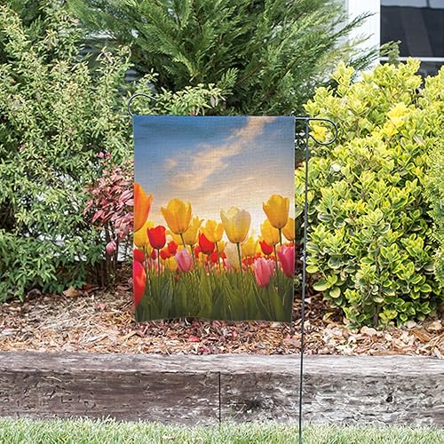 Miniatura 4 de Moslion Bandera de jardín de tulipanes, campo floral al atardecer, nube, tulipán, rosa, amarillo, flores verdes, banderas de doble cara, bandera