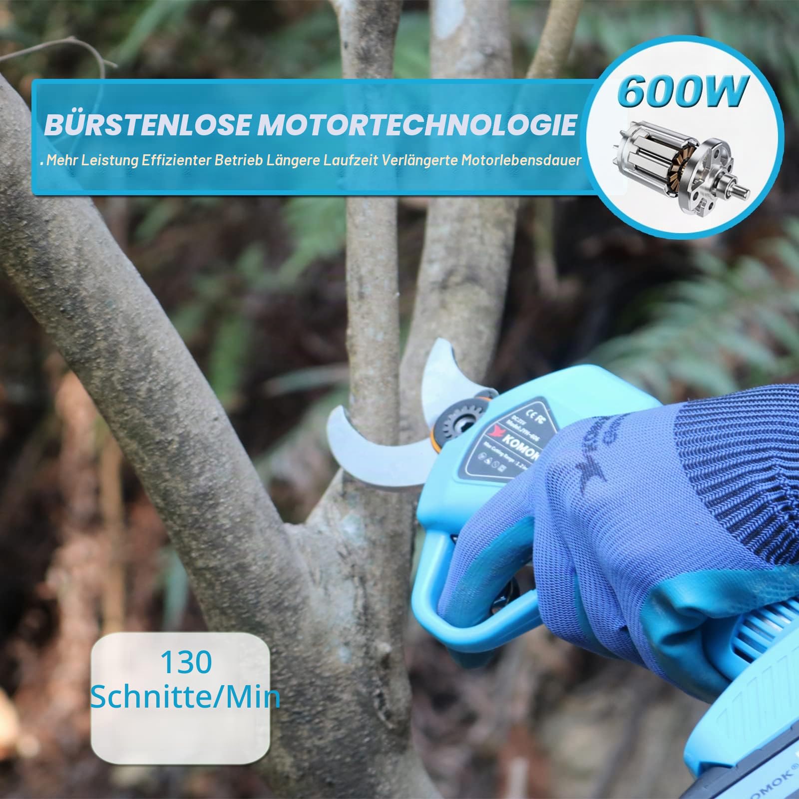 KOMOK Kabellose Elektrische Gartenschere, 21V Astschneider Baumschere Obstbaumschere, 2 PCS Wiederaufladbarer 2000mAh Akku Baum Astschere Rosenschere, MAX 30mm Schnittdurchmesser, 6-8 Arbeitsstunden