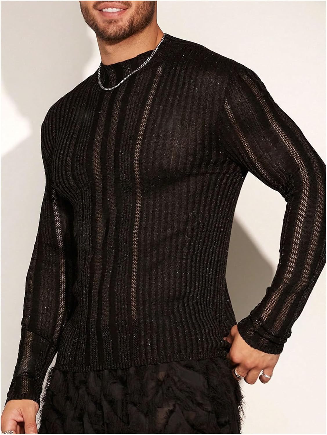 WDIRARA Men's Hollow Out Sheer Sweater Crew Neck Long Sleeve Knitwear Party Sexy Pullover Tops - Image 3