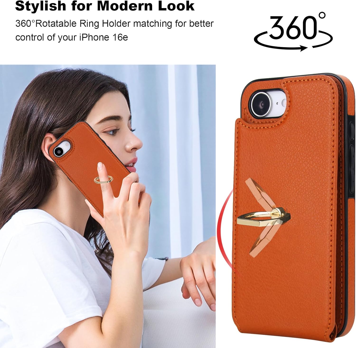 Folosu Compatible with iPhone 16e 17e Case Wallet with Card Holder, 360°Rotation Finger Ring Holder Kickstand, RFID Blocking Leather Protective Double Buttons Shockproof Cover 6.1 Inch Brown