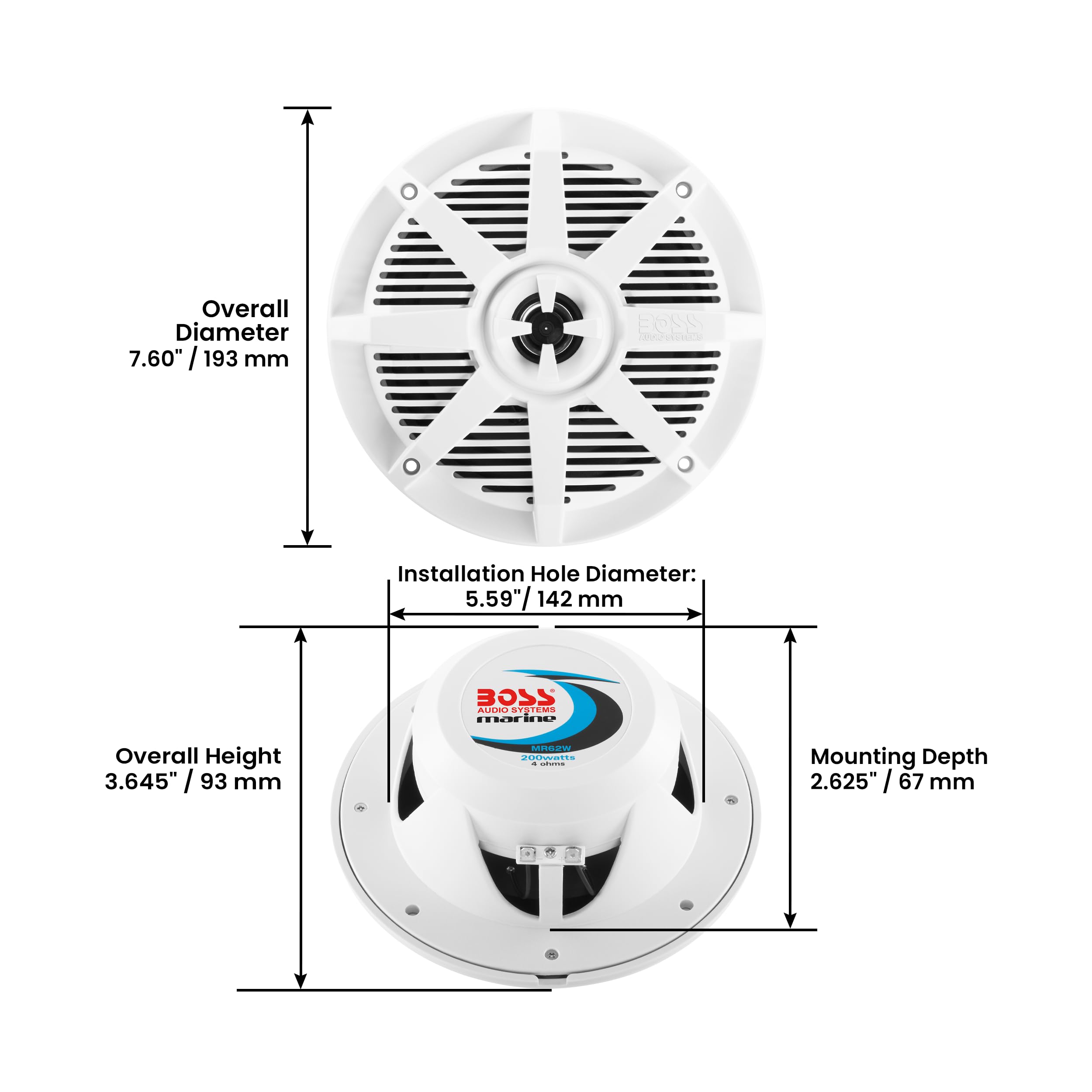 BOSS Audio Systems MR62W 200 W na parę, 6,5 cala, pełny zakres, 2-drożne odporne na warunki atmosferyczne głośniki morskie sprzedawane w parach