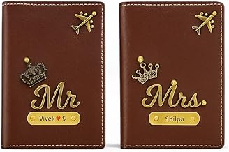 Thebaegift Personalized Couple Passport Cover |Unisex-Adult Personalised Name, Charm & Color Leather Gift Set| for Couple - 2 Pcs | Wedding Anniversary Marriage Gifts for Couple Friend Husband Wife