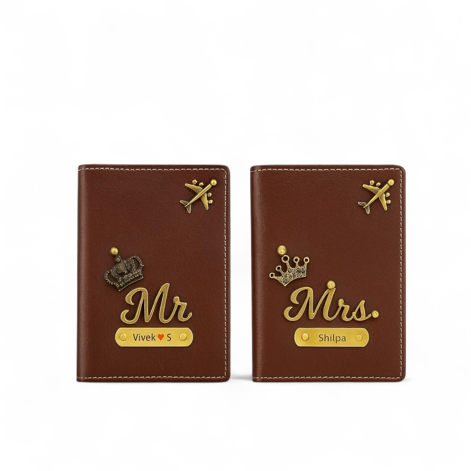 Personalized Mr and Mrs Couple Passport Cover Set, Brown Leather, Travel Accessories with Airplane Design and Crown Embellishments
