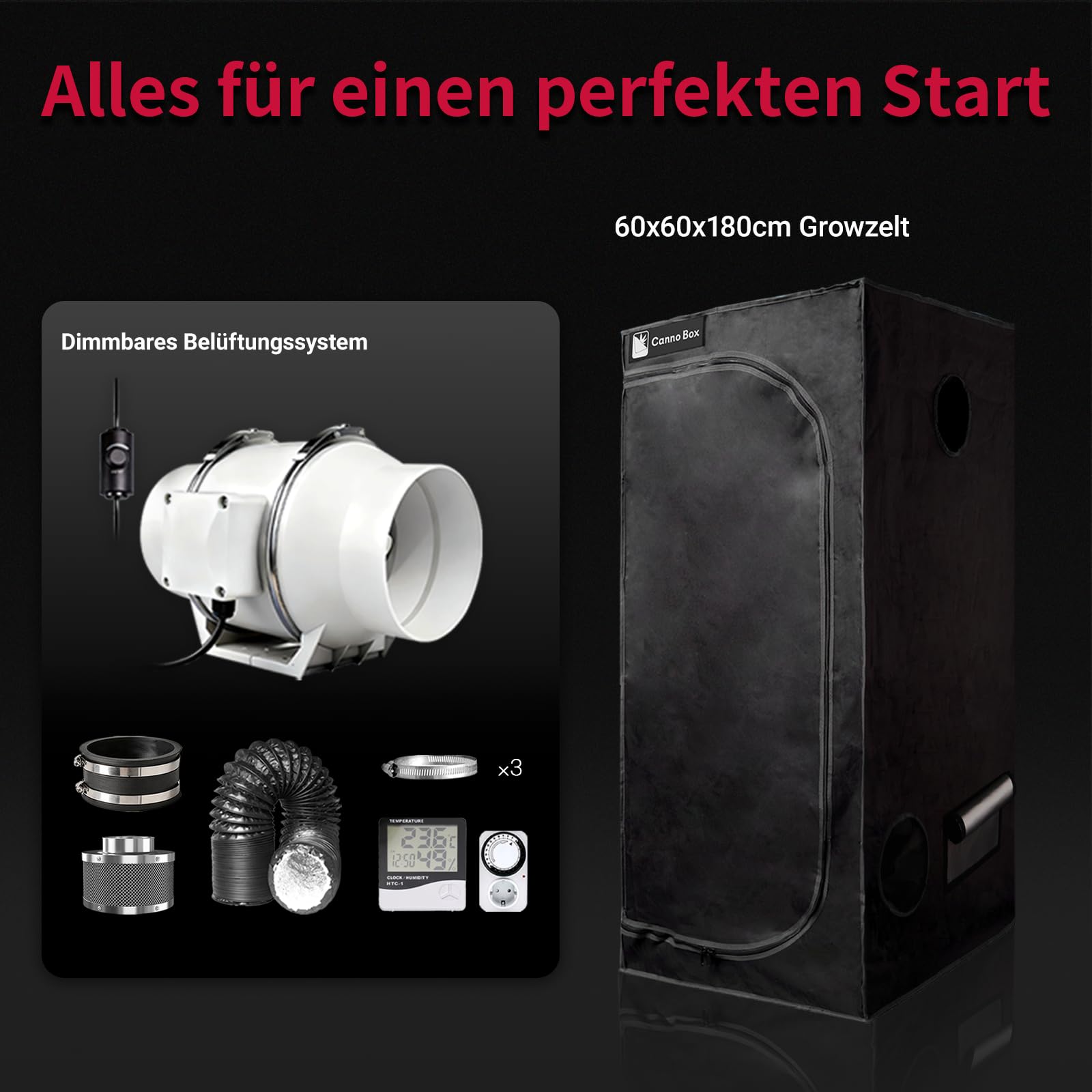 Standard Growzelt Komplettset mit Growzelt 60x60x180 cm und Regelbar Rohrventilator 100mm Set Belüftungssystem Transparente Schicht Indoor Grow Zelt Komplett Set für Hydrokulturen