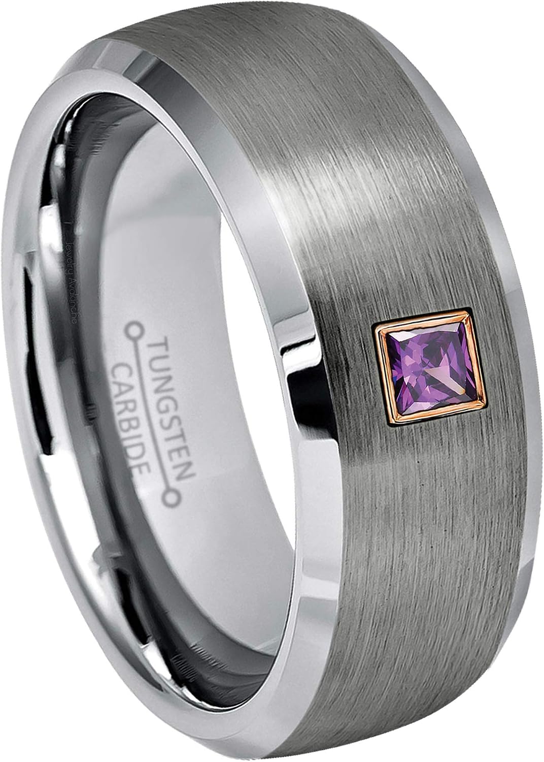 Mens Semi-Dome Tungsten Carbide Wedding Band with 0.05ctw - 0.10ctw Princess Cut Amethyst Tungsten Ring - Brushed Beveled Edge Comfort Fit Tungsten Anniversary Ring