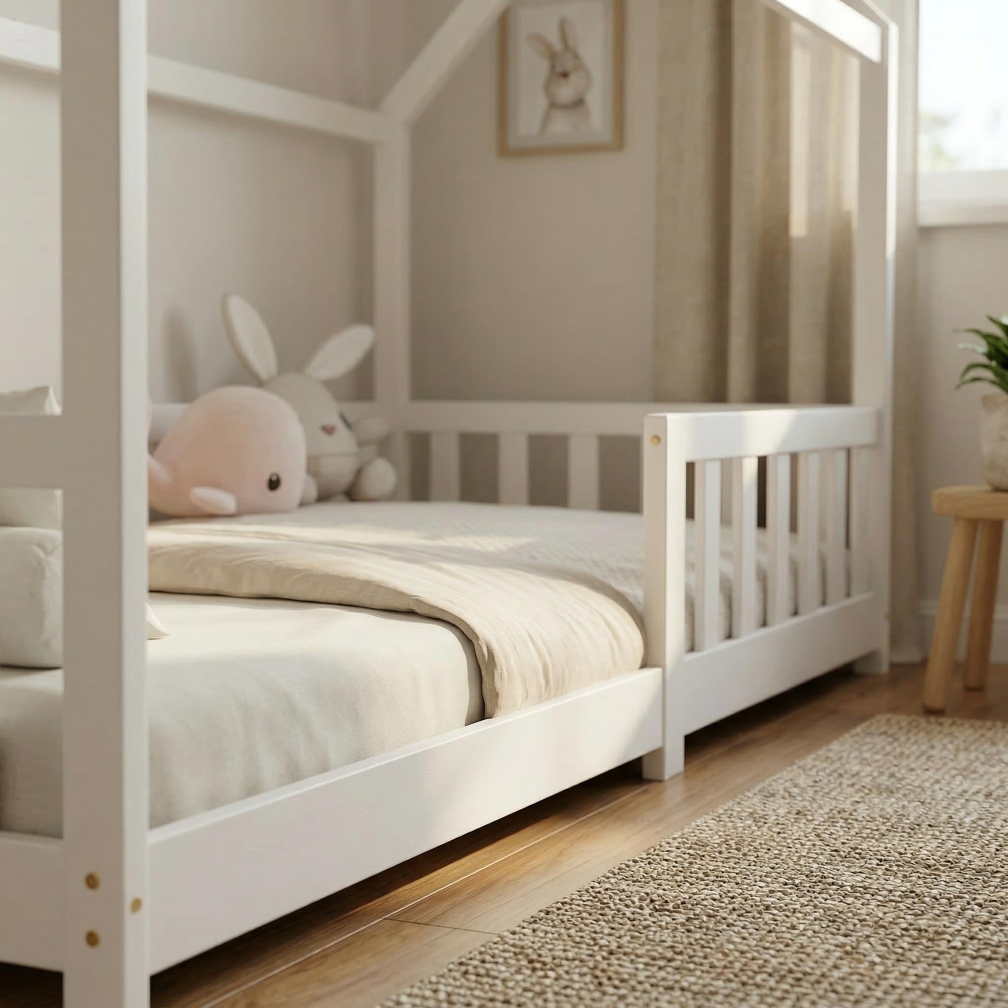 ecomi® Lettino per bambini 90x200 80x160 cm con protezione cadute e rete a doghe Bianco