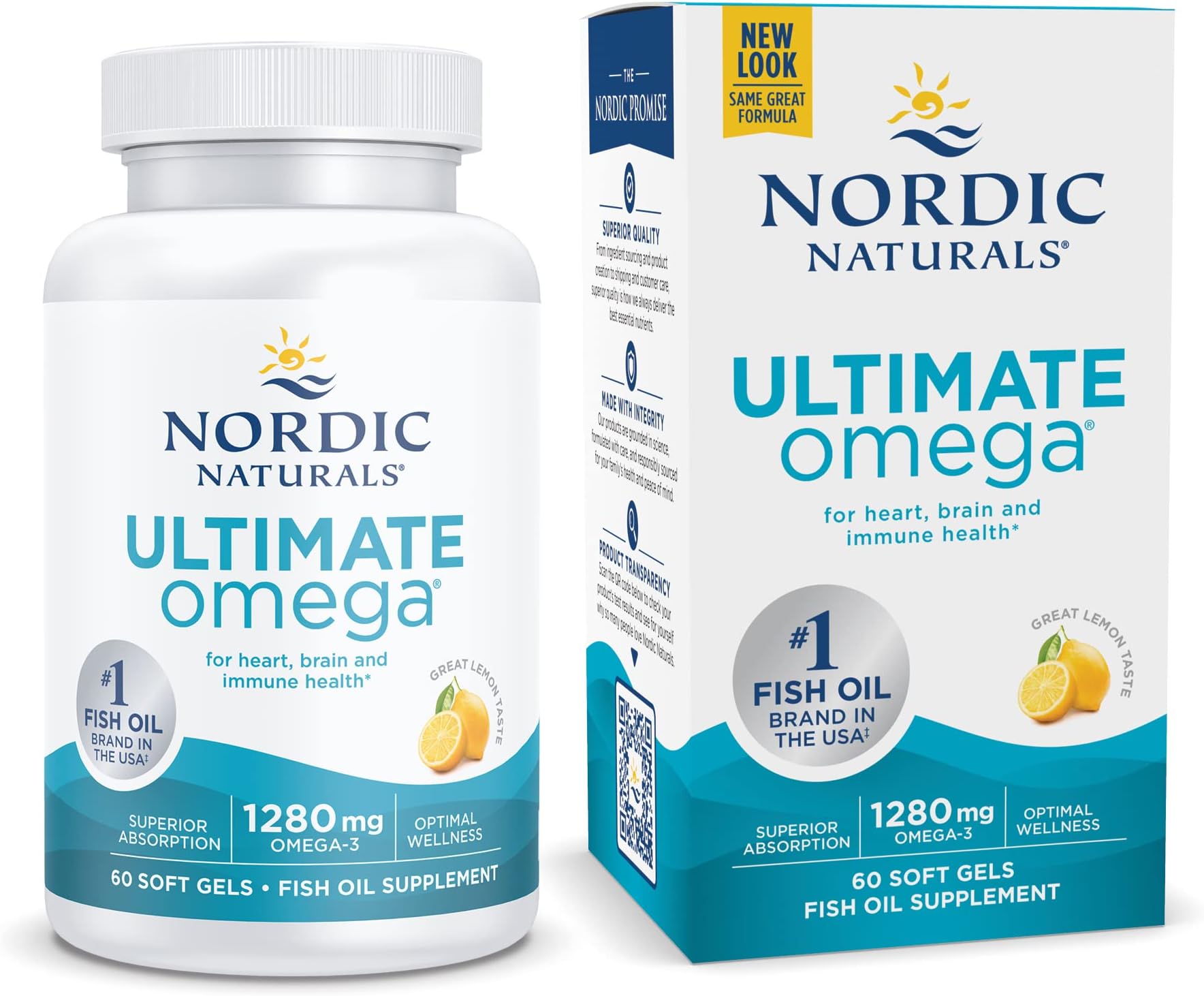 Nordic Naturals Ultimate Omega Lemon | Wild-Caught Fish Oil with High-Strength EPA & DHA Omega-3 & Supports Heart & Brain Health | 60 Softgels