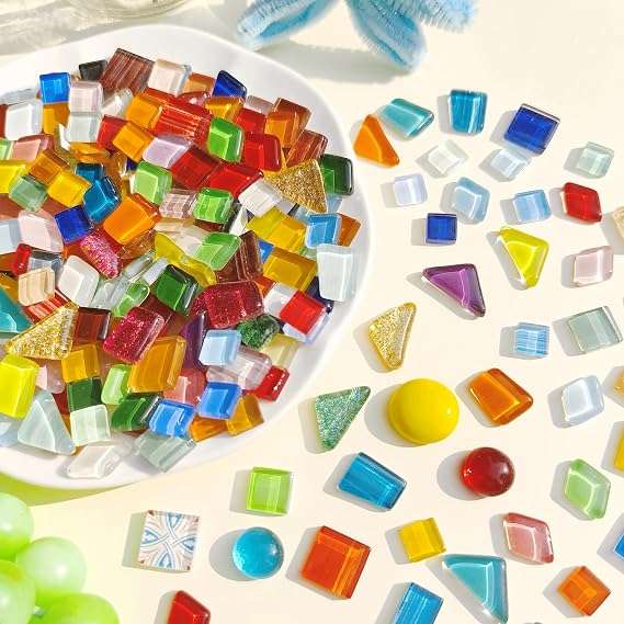 IcosaMro 2.2LB Mosaic Tiles for Crafts DIY Supplies for Stepping Stone Project Mixed Shapes Colorful Crystal Glitter Stained Glass Pieces for Mosaic Projects