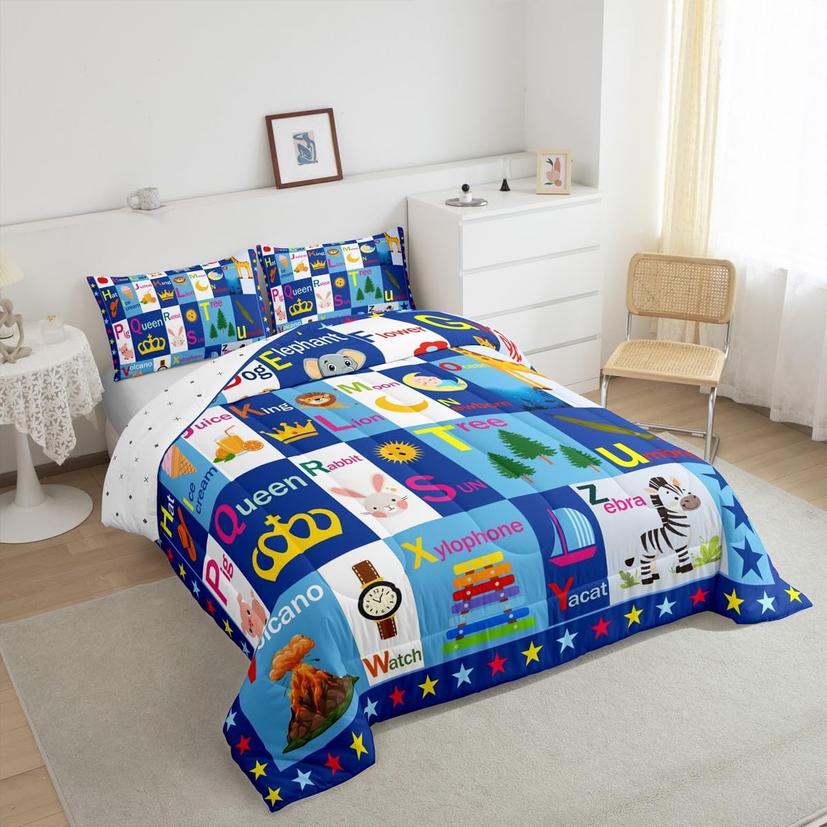 Feelyou Kids ABC Alphabet Comforter Set Queen Size, Educational Bedding Set Boys Girls Learning Duvet Insert Teens Bedroom Decor Microfiber Bed Set