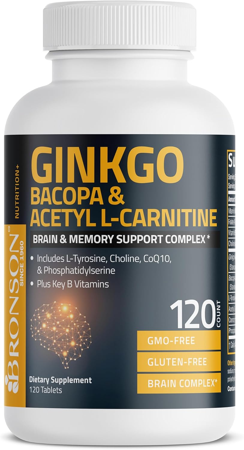 Bronson Ginkgo, Bacopa & Acetyl L-Carnitine Brain & Memory Support Complex with L-Tyrosine, Choline, CoQ10 & Phosphatidylserine Plus Key B Vitamins Non-GMO, 120 Tablets