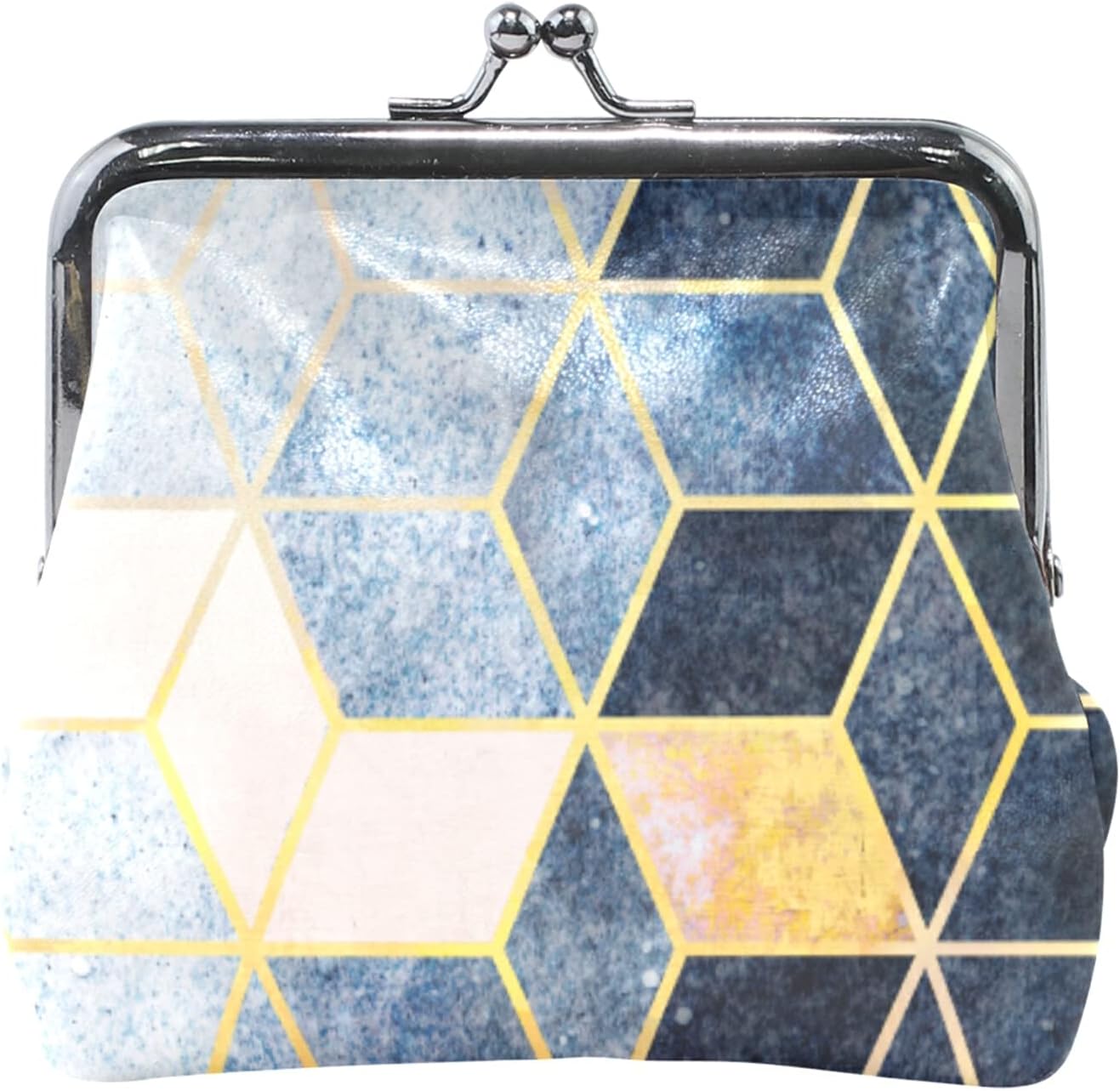 Abstract Blue Grey Gradient Cubic with Gold Lines Women Leather Mini Buckle Coin Purse, Clasp Kiss Lock Closure Card Key Change Wallet for Women Girls Men Girl