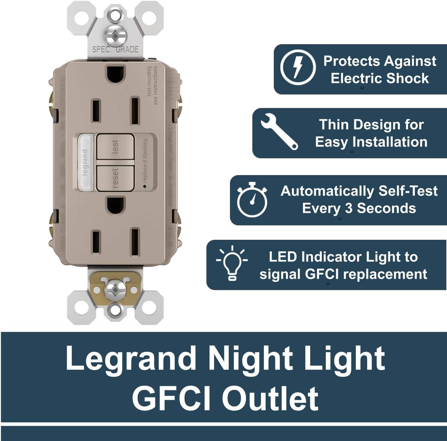 Legrand radiant Night Light, Self-Test GFCI Outlets, Safe for Kids, Tamper Resistant, Brushed Nickel, 15 Amp, 1597NTLTRNICC4 - - 