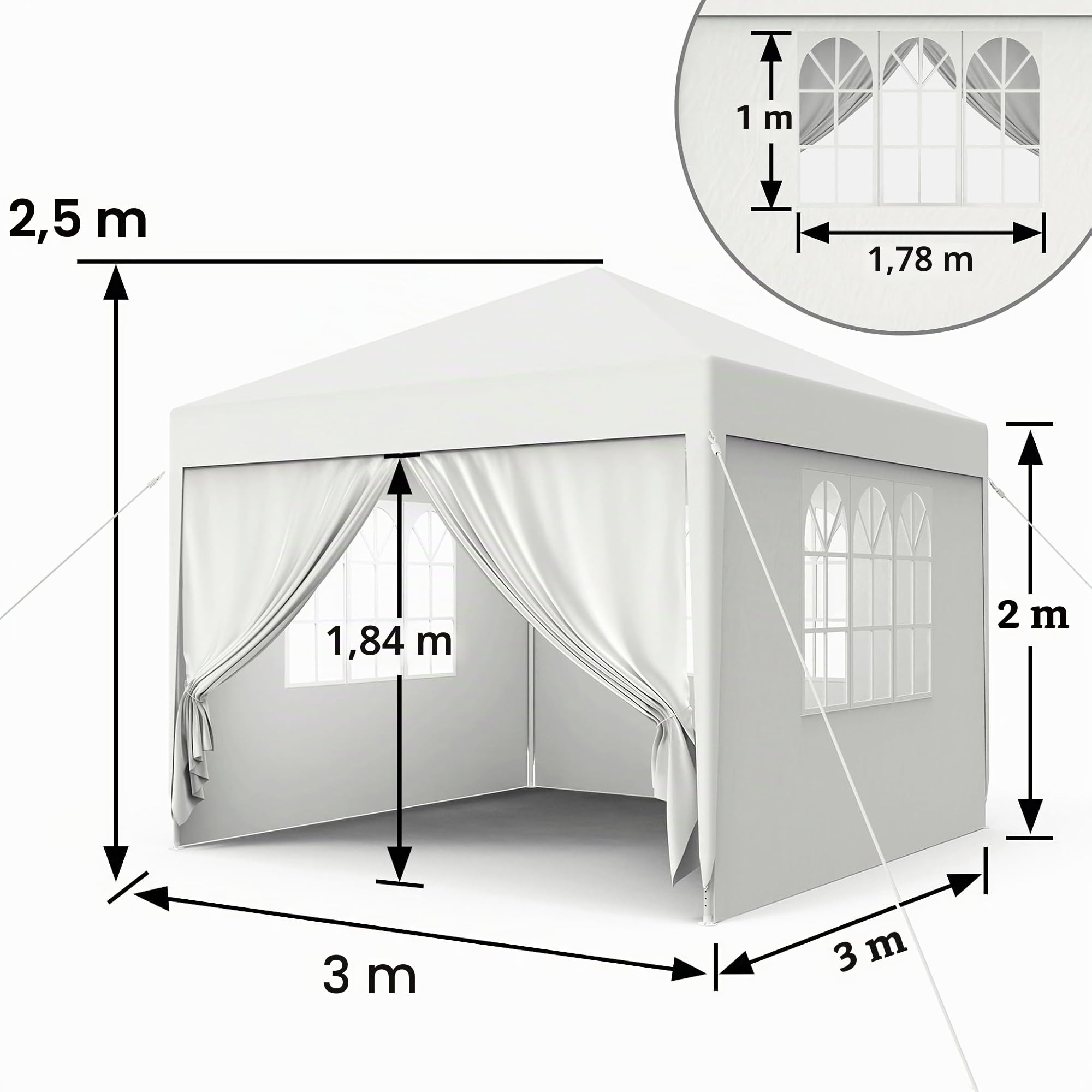 FIVMEN Carpa 3x3m Carpa para Fiestas con Paneles Laterales y Ventanas Pabellón de Jardín Cenador de Poliéster Protección UV Impermeable Gazebo Exterior, Blanco